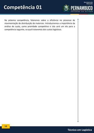 16
Técnico em Logística
Na próxima competência, falaremos sobre a eficiência no processo de
movimentação de distribuição de materiais. Introduziremos a importância da
análise do custo, como prioridade competitiva e isto será um elo para a
competência seguinte, na qual trataremos dos custos logísticos.
Competência 01
 