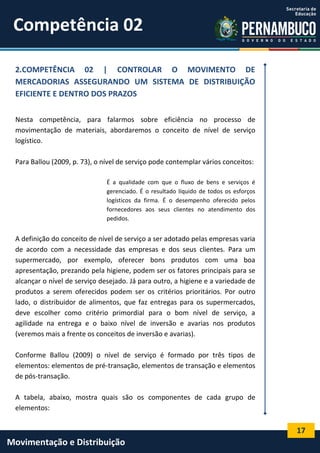 17
Movimentação e Distribuição
2.COMPETÊNCIA 02 | CONTROLAR O MOVIMENTO DE
MERCADORIAS ASSEGURANDO UM SISTEMA DE DISTRIBUIÇÃO
EFICIENTE E DENTRO DOS PRAZOS
Nesta competência, para falarmos sobre eficiência no processo de
movimentação de materiais, abordaremos o conceito de nível de serviço
logístico.
Para Ballou (2009, p. 73), o nível de serviço pode contemplar vários conceitos:
É a qualidade com que o fluxo de bens e serviços é
gerenciado. É o resultado líquido de todos os esforços
logísticos da firma. É o desempenho oferecido pelos
fornecedores aos seus clientes no atendimento dos
pedidos.
A definição do conceito de nível de serviço a ser adotado pelas empresas varia
de acordo com a necessidade das empresas e dos seus clientes. Para um
supermercado, por exemplo, oferecer bons produtos com uma boa
apresentação, prezando pela higiene, podem ser os fatores principais para se
alcançar o nível de serviço desejado. Já para outro, a higiene e a variedade de
produtos a serem oferecidos podem ser os critérios prioritários. Por outro
lado, o distribuidor de alimentos, que faz entregas para os supermercados,
deve escolher como critério primordial para o bom nível de serviço, a
agilidade na entrega e o baixo nível de inversão e avarias nos produtos
(veremos mais a frente os conceitos de inversão e avarias).
Conforme Ballou (2009) o nível de serviço é formado por três tipos de
elementos: elementos de pré-transação, elementos de transação e elementos
de pós-transação.
A tabela, abaixo, mostra quais são os componentes de cada grupo de
elementos:
Competência 02
 