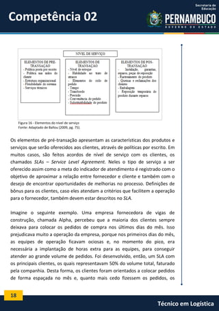 18
Técnico em Logística
Figura 16 - Elementos do nível de serviço
Fonte: Adaptado de Ballou (2009, pg. 75).
Os elementos de pré-transação apresentam as características dos produtos e
serviços que serão oferecidos aos clientes, através de políticas por escrito. Em
muitos casos, são feitos acordos de nível de serviço com os clientes, os
chamados SLAs – Service Level Agreement. Neles o tipo de serviço a ser
oferecido assim como a meta do indicador de atendimento é registrado com o
objetivo de aproximar a relação entre fornecedor e cliente e também com o
desejo de encontrar oportunidades de melhorias no processo. Definições de
bônus para os clientes, caso eles atendam a critérios que facilitem a operação
para o fornecedor, também devem estar descritos no SLA.
Imagine o seguinte exemplo. Uma empresa fornecedora de vigas de
construção, chamada Alpha, percebeu que a maioria dos clientes sempre
deixava para colocar os pedidos de compra nos últimos dias do mês. Isso
prejudicava muito a operação da empresa, porque nos primeiros dias do mês,
as equipes de operação ficavam ociosas e, no momento do pico, era
necessária a implantação de horas extra para as equipes, para conseguir
atender ao grande volume de pedidos. Foi desenvolvido, então, um SLA com
os principais clientes, os quais representavam 50% do volume total, faturado
pela companhia. Desta forma, os clientes foram orientados a colocar pedidos
de forma espaçada no mês e, quanto mais cedo fizessem os pedidos, os
Competência 02
 