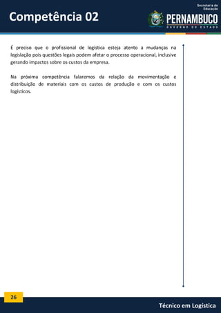 26
Técnico em Logística
É preciso que o profissional de logística esteja atento a mudanças na
legislação pois questões legais podem afetar o processo operacional, inclusive
gerando impactos sobre os custos da empresa.
Na próxima competência falaremos da relação da movimentação e
distribuição de materiais com os custos de produção e com os custos
logísticos.
Competência 02
 