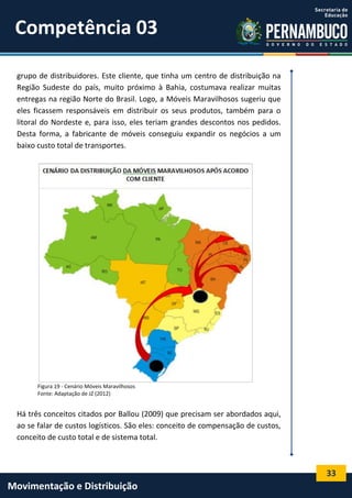 33
Movimentação e Distribuição
grupo de distribuidores. Este cliente, que tinha um centro de distribuição na
Região Sudeste do país, muito próximo à Bahia, costumava realizar muitas
entregas na região Norte do Brasil. Logo, a Móveis Maravilhosos sugeriu que
eles ficassem responsáveis em distribuir os seus produtos, também para o
litoral do Nordeste e, para isso, eles teriam grandes descontos nos pedidos.
Desta forma, a fabricante de móveis conseguiu expandir os negócios a um
baixo custo total de transportes.
Figura 19 - Cenário Móveis Maravilhosos
Fonte: Adaptação de JZ (2012)
Há três conceitos citados por Ballou (2009) que precisam ser abordados aqui,
ao se falar de custos logísticos. São eles: conceito de compensação de custos,
conceito de custo total e de sistema total.
Competência 03
 