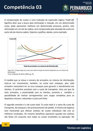 34
Técnico em Logística
A compensação de custos é uma tradução da expressão inglesa Trade-off.
Significa dizer que a busca pela otimização e redução, em um determinado
custo, pode apresentar melhoria em determinado processo, porém, esta
otimização em um elo da cadeia, será compensada pela elevação do custo em
outro elo da mesma cadeia. Vejamos o gráfico, abaixo, como exemplo.
Figura 20 - Compensação de custos para determinação do total de depósitos em um sistema de
distribuição
Fonte: Adaptado de Ballou (2009, pg. 44)
À medida que se eleva o número de armazéns no sistema de distribuição,
nota-se um crescimento, também, no custo com estoques, pois cada
armazém necessitará ter os seus estoques para garantir o atendimento aos
clientes. O contrário acontece com o custo de transporte. Uma vez que há
mais armazéns, a proximidade com os clientes, aumenta e também a
possibilidade de realizar carregamentos com cargas completas para os
depósitos crescem, reduzindo o custo com frete.
O segundo conceito é o de custo total. O custo total é a soma do custo de
transporte, de estoques e de processamento de pedido. A história da logística
vem mostrando que efetuar análises de custos individuais não traz os
melhores resultados. Os maiores benefícios aparecem quando tais análises
são feitas em conjunto com todos os custos envolvidos na operação. No
Competência 03
 