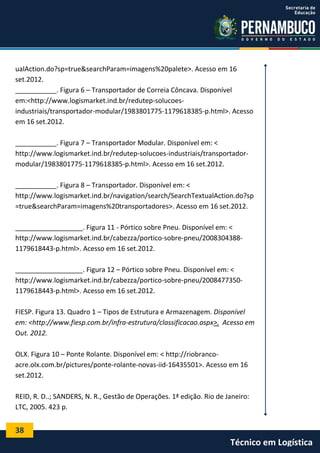 38
Técnico em Logística
ualAction.do?sp=true&searchParam=imagens%20palete>. Acesso em 16
set.2012.
___________. Figura 6 – Transportador de Correia Côncava. Disponível
em:<http://www.logismarket.ind.br/redutep-solucoes-
industriais/transportador-modular/1983801775-1179618385-p.html>. Acesso
em 16 set.2012.
___________. Figura 7 – Transportador Modular. Disponível em: <
http://www.logismarket.ind.br/redutep-solucoes-industriais/transportador-
modular/1983801775-1179618385-p.html>. Acesso em 16 set.2012.
___________. Figura 8 – Transportador. Disponível em: <
http://www.logismarket.ind.br/navigation/search/SearchTextualAction.do?sp
=true&searchParam=imagens%20transportadores>. Acesso em 16 set.2012.
__________________. Figura 11 - Pórtico sobre Pneu. Disponível em: <
http://www.logismarket.ind.br/cabezza/portico-sobre-pneu/2008304388-
1179618443-p.html>. Acesso em 16 set.2012.
__________________. Figura 12 – Pórtico sobre Pneu. Disponível em: <
http://www.logismarket.ind.br/cabezza/portico-sobre-pneu/2008477350-
1179618443-p.html>. Acesso em 16 set.2012.
FIESP. Figura 13. Quadro 1 – Tipos de Estrutura e Armazenagem. Disponível
em: <http://www.fiesp.com.br/infra-estrutura/classificacao.aspx>. Acesso em
Out. 2012.
OLX. Figura 10 – Ponte Rolante. Disponível em: < http://riobranco-
acre.olx.com.br/pictures/ponte-rolante-novas-iid-16435501>. Acesso em 16
set.2012.
REID, R. D..; SANDERS, N. R., Gestão de Operações. 1ª edição. Rio de Janeiro:
LTC, 2005. 423 p.
 