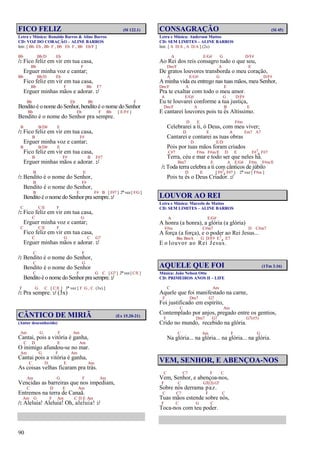 90
FICO FELIZ (Sl 122.1)
Letra e Música: Ronaldo Barros & Aline Barros
CD: VOZ DO CORAÇÃO – ALINE BARROS
Intr. [ Bb Eb , Bb F , Bb Eb F , Bb Eb/F ]
Bb Bb/D Eb
/: Fico feliz em vir em tua casa,
Bb F
Erguer minha voz e cantar;
Bb Bb/D Eb
Fico feliz em vir em tua casa,
Bb F Bb F7
Erguer minhas mãos e adorar. :/
Bb Eb Bb F
Bendito é o nome do Senhor, bendito é o nome do Senhor
Bb Eb F Bb [ E/F# ]
Bendito é o nome do Senhor pra sempre.
B B/D# E
/: Fico feliz em vir em tua casa,
B F#
Erguer minha voz e cantar;
B B/D# E
Fico feliz em vir em tua casa,
B F# B F#7
Erguer minhas mãos e adorar. :/
B E
/: Bendito é o nome do Senhor,
B F#
Bendito é o nome do Senhor,
B E F# B [ F#7 ] 2ª vez [ F/G ]
Bendito é o nome do Senhor pra sempre.:/
C C/E F
/: Fico feliz em vir em tua casa,
C G
Erguer minha voz e cantar;
C C/E F
Fico feliz em vir em tua casa,
C G C G7
Erguer minhas mãos e adorar. :/
C F
/: Bendito é o nome do Senhor,
C G
Bendito é o nome do Senhor
C F G C [ G7 ] 2ª vez [ C/E ]
Bendito é o nome do Senhor pra sempre.:/
F G C [ C/E ] 3ª vez [ F G , C (3x) ]
/: Pra sempre. :/ (3x)
CÂNTICO DE MIRIÃ (Ex 15.20-21)
(Autor desconhecido)
Am G F Am
Cantai, pois a vitória é ganha,
C D E Am
O inimigo afundou-se no mar.
Am G F Am
Cantai pois a vitória é ganha,
C D E Am
As coisas velhas ficaram pra trás.
Am G F Am
Vencidas as barreiras que nos impediam,
C D E Am
Entremos na terra de Canaã.
Am G F Am C D E Am
/: Aleluia! Aleluia! Oh, aleluia! :/
CONSAGRAÇÃO (Sl 45)
Letra e Música: Anderson Mattos
CD: SEM LIMITES – ALINE BARROS
Intr. [ A D/A , A D/A ] (2x)
A E/G# G D/F#
Ao Rei dos reis consagro tudo o que sou,
Dm/F A E
De gratos louvores transborda o meu coração,
A E/G# G D/F#
A minha vida eu entrego nas tuas mãos, meu Senhor,
Dm/F A E
Pra te exaltar com todo o meu amor.
A E/G# G D/F#
Eu te louvarei conforme a tua justiça,
Dm/F A B E
E cantarei louvores pois tu és Altíssimo.
D E F#m
Celebrarei a ti, ó Deus, com meu viver;
D E A Em7 A7
Cantarei e contarei as tuas obras
D E/D
Pois por tuas mãos foram criados
C#7 F#m F#m/E D E F#7
4 F#7
Terra, céu e mar e todo ser que neles há.
Bm7 E A E/G# F#m F#m/E
/: Toda terra celebra a ti com cânticos de júbilo
D E [ F#7
4 F#7 ] 2ª vez [ F#m ]
Pois tu és o Deus Criador. :/
LOUVOR AO REI
Letra e Música: Marcelo de Mattos
CD: SEM LIMITES – ALINE BARROS
A E/G#
A honra (a honra), a glória (a glória)
F#m C#m7 D C#m7
A força (a força), e o poder ao Rei Jesus...
Bm Bm/A G D/F# E7
4 E7
E o louvor ao Rei Jesus.
AQUELE QUE FOI (1Tm 3.16)
Música: João Nelson Otto
CD: PRIMEIROS ANOS II – LIFE
C Am
Aquele que foi manifestado na carne,
F Dm7 G7
Foi justificado em espírito,
C Am
Contemplado por anjos, pregado entre os gentios,
F Dm7 G7 G7(#5)
Crido no mundo, recebido na glória.
C Am F G
Na glória... na glória... na glória... na glória.
VEM, SENHOR, E ABENÇOA-NOS
C C7 F C
Vem, Senhor, e abençoa-nos,
F C G7(13) G7
Sobre nós derrama paz.
C C7 F C
Tuas mãos estende sobre nós,
F C G C
Toca-nos com teu poder.
 