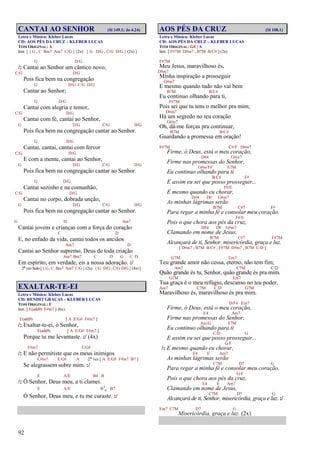 92
CANTAI AO SENHOR (Sl 149.1; Jo 4.24)
Letra e Música: Kleber Lucas
CD: AOS PÉS DA CRUZ – KLEBER LUCAS
TOM ORIGINAL: A
Intr. [ { G , C Bm7 Am7 C/G } (2x) { G D/G , C/G D/G } (2x) ]
G D/G
/: Cantai ao Senhor um cântico novo,
C/G D/G
Pois fica bem na congregação
G D/G C/G D/G
Cantar ao Senhor;
G D/G
Cantai com alegria e temor,
C/G D/G
Cantai com fé, cantai ao Senhor,
G D/G C/G D/G
Pois fica bem na congregação cantar ao Senhor.
G D/G
Cantai, cantai, cantai com fervor
C/G D/G
E com a mente, cantai ao Senhor,
G D/G C/G D/G
Pois fica bem na congregação cantar ao Senhor.
G D/G
Cantai sozinho e na comunhão,
C/G D/G
Cantai no corpo, dobrada unção,
G D/G C/G D/G
Pois fica bem na congregação cantar ao Senhor.
G D Am7
Cantai jovens e crianças com a força do coração
C D
E, no enfado da vida, cantai todos os anciãos
Am7 D
Cantai ao Senhor supremo, Deus de toda criação
Am7 Bm7 C D G C D
Em espírito, em verdade, eis a nossa adoração. :/
2ª vez Solo [ { G , C Bm7 Am7 C/G } (2x) { G D/G , C/G D/G } (4x) ]
EXALTAR-TE-EI
Letra e Música: Kleber Lucas
CD: RENDEI GRAÇAS – KLEBER LUCAS
TOM ORIGINAL: F
Intr. [ E(add9) F#m7 ] (6x)
E(add9) [ A E/G# F#m7 ]
/: Exaltar-te-ei, ó Senhor,
E(add9) [ A E/G# F#m7 ]
Porque tu me levantaste. :/ (4x)
F#m7 E/G#
/: E não permitiste que os meus inimigos
C#m7 E/G# A 2ª vez [ A E/G# F#m7 B7 ]
Se alegrassem sobre mim. :/
E A/E B4 B
/: Ó Senhor, Deus meu, a ti clamei.
E A/E B7
4 B7
Ó Senhor, Deus meu, e tu me curaste. :/
AOS PÉS DA CRUZ (Sl 108.1)
Letra e Música: Kleber Lucas
CD: AOS PÉS DA CRUZ – KLEBER LUCAS
TOM ORIGINAL: G# | A
Intr. [ F#7M D#m7 , B7M B/C# ] (2x)
F#7M
Meu Jesus, maravilhoso és,
D#m7
Minha inspiração a prosseguir
G#m7
E mesmo quando tudo não vai bem
B7M B/C#
Eu continuo olhando para ti,
F#7M
Pois sei que tu tens o melhor pra mim;
D#m7
Há um segredo no teu coração
G#m7
Oh, dá-me forças pra continuar,
B7M B/C#
Guardando a promessa em oração!
F#7M C#/F D#m7
Firme, ó Deus, está o meu coração,
D#4 G#m7
Firme nas promessas do Senhor,
G#m/F# E7M
Eu continuo olhando para ti
B/C# F#
E assim eu sei que posso prosseguir...
F#/E
E mesmo quando eu chorar,
D#4 D# G#m7
As minhas lágrimas serão
B7M C#7 F#
Para regar a minha fé e consolar meu coração,
F#/E
Pois o que chora aos pés da cruz,
D#4 D# G#m7
Clamando em nome de Jesus,
B7M C#7 F#7M
Alcançará de ti, Senhor, misericórdia, graça e luz.
[ D#m7 , B7M B/C# , F#7M D#m7 , B7M C/D ]
G7M Em7
Teu grande amor não cessa, eterno, não tem fim;
Am7 C7M C/D
Quão grande és tu, Senhor, quão grande és pra mim.
G7M Em7
Tua graça é o meu refúgio, descanso no teu poder,
Am7 C7M C/D G7M
Maravilhoso és, maravilhoso és pra mim.
D/F# Em7
Firme, ó Deus, está o meu coração,
E4 Am7
Firme nas promessas do Senhor,
Am/G F7M
Eu continuo olhando para ti
C/D G
E assim eu sei que posso prosseguir...
G/F
/: E mesmo quando eu chorar,
E4 E Am7
As minhas lágrimas serão
C7M D7 G
Para regar a minha fé e consolar meu coração,
G/F
Pois o que chora aos pés da cruz,
E4 E Am7
Clamando em nome de Jesus,
C7M D7 G
Alcançará de ti, Senhor, misericórdia, graça e luz. :/
Em7 C7M D7 G
Misericórdia, graça e luz. (2x)
 
