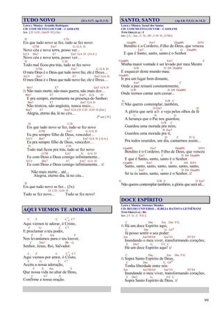 99
TUDO NOVO (2Co 5.17; Ap 21.1-5)
Letra e Música: Arnaldo Rodrigues
CD: COM MUITO LOUVOR – CASSIANE
Intr. [ D G/D , Gm/D D ] (3x)
D C/D
Eis que tudo novo se fez, tudo se fez novo:
G7M Em7 G G/A D
Novo céu e nova terra, posso ver...
A/C# Bm7 E7 Em7 G/A D [ G/A ]
Novo céu e nova terra, posso ver...
D C/D
Todo mal ficou pra trás, tudo se fez novo
G7M Em7 G G/A D
O meu Deus é o Deus que tudo novo faz, ele é Deus...
A/C# Bm7 E7 Em7 G/A D
O meu Deus é o Deus que tudo novo faz, ele é Deus...
Bm7 E7 Em7 G/A D
/: Não mais morte, não mais guerra, não mais dor...
Bm7 E7 Em7 G/A D
E pra sempre, eternamente na presença do Senhor;
Bm7 E7 Em7 G/A D
Não tristeza, não angústia, nunca mais...
Bm7 E7 Em7 G/A [ D C/D , G/D D (2x) ]
Alegria, eterno dia, lá no céu...
2ª vez [ D ]
D C/D
Eis que tudo novo se fez, tudo se fez novo
G7M Em7 G G/A D
Eu pra sempre filho de Deus, vencedor...
A/C# Bm7 E7 Em7 G/A D [ G/A ]
Eu pra sempre filho de Deus, vencedor...
D C/D
Todo mal ficou pra trás, tudo se fez novo
G7M Em7 G G/A D
Eu com Deus e Deus comigo infinitamente...
A/C# Bm7 E7 Em7 G/A D
Eu com Deus e Deus comigo infinitamente... :/
Não mais morte... até...
Alegria, eterno dia, lá no céu...
D
Eis que tudo novo se fez... (3x)
D C/D , G/D D
Tudo se fez novo... Tudo se fez novo!
AQUI VIEMOS TE ADORAR
C F C C7
4 C7
Aqui viemos te adorar, ó Cristo,
F G C C7
E proclamar o teu poder,
F E Am F
Nos levantamos para o teu louvor,
C Dm7 Bb G
Senhor, Jesus, Rei, Salvador.
C F C C7
4 C7
Aqui viemos por amor, ó Cristo,
F G C C7
Aceita a nossa adoração,
F E Am F
Que nossa vida no altar de Deus,
C G7 C
Confirme a nossa oração.
SANTO, SANTO (Ap 4.8; 5.5,12; Jo 14.2)
Letra e Música: Israel dos Santos
CD: COM MUITO LOUVOR – CASSIANE
TOM ORIGINAL: F
Intr. [ G , Am , C D , D# , C/D D , G7M ]
G(add9) Em7 D(add9) D/F#
Bendito é o Cordeiro, Filho de Deus, que venceu
Em7 C G D(add9)
E que é Santo, santo, santo é o Senhor.
G(add9) Em7 C
Minha maior vontade é ser levado por meu Mestre
G/B D D4 D(add9)
E esquecer deste mundo mau;
G(add9)
Ir pra um lugar bem distante,
Em7 C
Onde a paz reinará constantemente,
G/B D D4 D(add9)
Onde iremos cantar sem cessar...
G G/B C
/: Não queres contemplar, também,
D Em7 D
A glória que será ali e veja pelos olhos da fé
C D G
A herança que o Pai nos guardou;
G/B C
Guardou uma morada pra mim,
D Em7
Guardou uma morada pra ti,
D C D G
Pra todos reunidos, um dia, cantarmos assim...
G(add9) Em7 D(add9) D/F#
Bendito é o Cordeiro, Filho de Deus, que venceu
Em7 C D D4 D(add9)
E que é Santo, santo, santo é o Senhor.
G(add9) Em7 D D4 D/F#
Santo, santo, santo, santo, santo, santo, santo,
Em7 C D D4 D(add9)
Só tu és santo, santo, santo é o Senhor. :/
G G/B C D Em7
Não queres contemplar também, a glória que será ali...
DOCE ESPÍRITO
Letra e Música: Sóstenes Mendes
CD: REI DO UNIVERSO – IGREJA BATISTA GETSÊMANI
TOM ORIGINAL: Bb
Intr. [ F G , C F/G ]
C Dm Em Dm F/G
/: Há um doce Espírito aqui,
C Dm G G#o
Já posso sentir o seu poder:
Am Am7M/G# Am7/G D7/F#
Inundando o meu viver, transformando corações;
F Dm7 G F/C C
Há um doce Espírito aqui! :/
C Dm Em Dm F/G
/: Sopra Santo Espírito de Deus,
C Dm G G#o
Tenha liberdade entre nós:
Am Am7M/G# Am7/G D7/F#
Inundando o meu viver, transformando corações;
F Dm7 G F/C C
Sopra Santo Espírito de Deus. :/
 