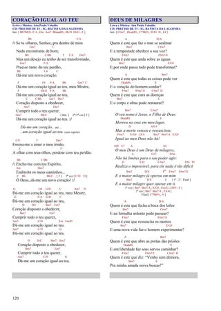 120
CORAÇÃO IGUAL AO TEU
Letra e Música: Ana Paula Valadão
CD: PRECISO DE TI – IG. BATISTA DA LAGOINHA
Intr. [ Bb7M(9) F/A , Dm Am7 Bb(add9) , Bb/D Eb/G , F ]
Bb F/A
/: Se tu olhares, Senhor, pra dentro de mim
Gm7 C
Nada encontrarás de bom;
Bb C/Bb F C/E Dm7
Mas um desejo eu tenho de ser transformado,
Gm7 F/A
Preciso tanto do teu perdão,
Bb C4 C
Dá-me um novo coração.
F F4 F/A Bb Gm7 C
Dá-me um coração igual ao teu, meu Mestre,
F Eb/G F/A Bb
Dá-me um coração igual ao teu,
C C/Bb Am7 Dm7
Coração disposto a obedecer,
Am7 Dm7
Cumprir todo o teu querer,
Gm7 Bb/C [ Intr. ] 2ª/3ª vez [ F ]
Dá-me um coração igual ao teu. :/
Dá-me um coração... até ...
...um coração igual ao teu. (sem repetir)
C/E C Dm7
Ensina-me a amar o meu irmão,
C F
A olhar com teus olhos, perdoar com teu perdão.
Bb C/Bb
/: Enche-me com teu Espírito,
Am Dm7
Endireita os meus caminhos...
C Bb Bb/C [ F ] 2ª vez [ C/D D ]
Ó Deus, dá-me um novo coração! :/
G G4 G/B C Am7 D
Dá-me um coração igual ao teu, meu Mestre,
G F/A G/B C
Dá-me um coração igual ao teu,
D D/C Bm7 Em7
Coração disposto a obedecer,
Bm7 Em7
Cumprir todo o teu querer,
Am7 C/D Em Em/D
Dá-me um coração igual ao teu.
Am7 C/D G
Dá-me um coração igual ao teu.
D D/C Bm7 Em7
Coração disposto a obedecer,
Bm7 Em7
Cumprir todo o teu querer,
Am7 C/D G
Dá-me um coração igual ao teu.
DEUS DE MILAGRES
Letra e Música: Ana Paula Valadão
CD: PRECISO DE TI – IG. BATISTA DA LAGOINHA
Intr. [ C#m7 , D(add9) , C7M(9) , D/F# D , E4 ]
A D/A
Quem é este que faz o mar se acalmar
Bm7 C#m7
E a tempestade obedece a sua voz?
F#m7 F#m7/E
Quem é este que anda sobre as águas
Bm7 E/G#
E por onde passa tudo pode transformar?
A Bm7
Quem é este que todas as coisas pode ver
D(add9) E
E o coração do homem sondar?
F#m7 F#m7/E C#m7 D
Quem é este que cura as doenças
Bm7 E
E o corpo e alma pode restaurar?
Bm7 C#m7
O seu nome é Jesus, o Filho de Deus.
D(add9) E
Morreu na cruz em meu lugar,
D A/C#
Mas a morte venceu e ressuscitou;
F#m7 E/G# D/A Bm7 Bm7/A E/G#
Igual ao meu Deus não há!
D/E E7 A A4
O meu Deus é um Deus de milagres,
A C#7 F#m
Não há limites para o seu poder agir:
D E/D C#m7 F#4 F#
Realiza o impossível, para ele nada é tão difícil
Bm7 D/E Fo F#m7 F#m7/E
E o maior milagre já operou em mim
Bm7 D/E E [ 1ª / 2ª / Final ]
E o maior milagre quer operar em ti.
1ª vez [ Bm7 Bm7/A , E/G# , Em/G , D/F# , E ]
2ª vez [ Bm7 Bm7/A , E/G# ]
Final [ C7M(9) , A ]
A D/A
Quem é este que fecha a boca dos leões
Bm7 C#m7
E na fornalha ardente pode passear?
F#m7 F#m7/E
Quem é este que ressuscita os mortos
Bm7 E/G#
E uma nova vida faz o homem experimentar?
A Bm7
Quem é este que abre as portas das prisões
D(add9) E
E em liberdade faz seus servos caminhar?
F#m7 F#m7/E C#m7 D
Quem é este que diz: “Venho sem demora,
Bm7 E
Pra minha amada noiva buscar!”
 