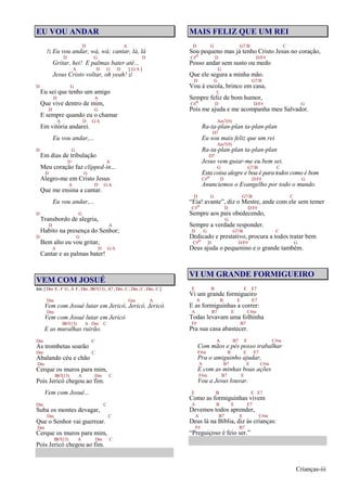 Crianças-iii
EU VOU ANDAR
D A
/: Eu vou andar, wá, wá; cantar, lá, lá
D G D
Gritar, hei! E palmas bater até...
A D G D [ G/A ]
Jesus Cristo voltar, oh yeah! :/
D G
Eu sei que tenho um amigo
D A
Que vive dentro de mim,
D G
E sempre quando eu o chamar
A D G/A
Em vitória andarei.
Eu vou andar,...
D G
Em dias de tribulação
D A
Meu coração faz clipped-in...
D G
Alegro-me em Cristo Jesus
A D G/A
Que me ensina a cantar.
Eu vou andar,...
D G
Transbordo de alegria,
D A
Habito na presença do Senhor;
D G
Bem alto eu vou gritar,
A D G/A
Cantar e as palmas bater!
VEM COM JOSUÉ
Intr. [ Dm E , F G, A F, Dm , Bb7(13) , A7 , Dm , C , Dm , C , Dm , C ]
Dm Gm A
Vem com Josué lutar em Jericó, Jericó, Jericó.
Dm
Vem com Josué lutar em Jericó
Bb7(13) A Dm C
E as muralhas ruirão.
Dm C
As trombetas soarão
Dm C
Abalando céu e chão
Dm
Cerque os muros para mim,
Bb7(13) A Dm C
Pois Jericó chegou ao fim.
Vem com Josué...
Dm C
Suba os montes devagar,
Dm C
Que o Senhor vai guerrear.
Dm
Cerque os muros para mim,
Bb7(13) A Dm C
Pois Jericó chegou ao fim.
MAIS FELIZ QUE UM REI
D G G7/B C
Sou pequeno mas já tenho Cristo Jesus no coração,
C#o D D/F#
Posso andar sem susto ou medo
G
Que ele segura a minha mão.
D G G7/B
Vou à escola, brinco em casa,
C
Sempre feliz de bom humor,
C#o D D/F# G
Pois me ajuda e me acompanha meu Salvador.
Am7(9)
Ra-ta-plan-plan ta-plan-plan
D7
Eu sou mais feliz que um rei
Am7(9)
Ra-ta-plan-plan ta-plan-plan
D7
Jesus vem guiar-me eu bem sei.
G G7/B C
Esta coisa alegre e boa é para todos como é bom
C#o D D/F# G
Anunciemos o Evangelho por todo o mundo.
D G G7/B C
“Eia! avante”, diz o Mestre, ande com ele sem temer
C#o D D/F#
Sempre aos pais obedecendo,
G
Sempre a verdade responder.
D G G7/B C
Dedicado e prestativo, procura a todos tratar bem
C#o D D/F# G
Deus ajuda o pequenino e o grande também.
VI UM GRANDE FORMIGUEIRO
E B E E7
Vi um grande formigueiro
A B E E7
E as formiguinhas a correr:
A B7 E C#m
Todas levavam uma folhinha
F# B7
Pra sua casa abastecer.
A B7 E C#m
Com mãos e pés posso trabalhar
F#m B E E7
Pra o amiguinho ajudar,
A B7 E C#m
E com as minhas boas ações
F#m B7 E
Vou a Jesus louvar.
E B E E7
Como as formiguinhas vivem
A B E E7
Devemos todos aprender,
A B7 E C#m
Deus lá na Bíblia, diz às crianças:
F# B7
“Preguiçoso é feio ser.”
 