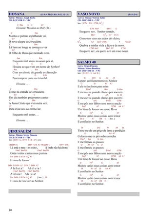 10
HOSANA (Zc 9.9; Mt 21.8,9; Jo 12.12-13)
Letra e Música: Asaph Borba
CD: LOUVOR II – VPC
C Dm G C G7
Hosana! Hosana ao Rei! (2x)
C Dm
Mantos e palmas espalhando vai
G7 C
O povo alegre de Jerusalém.
C Dm
Lá bem ao longe se começa a ver
G7 C
O Filho de Deus que montado vem.
Am Em
Enquanto mil vozes ressoam por aí,
F G C
Hosana ao que vem em nome do Senhor!
Am Em
Com um alento de grande exclamação
F D F/G
Prorrompem com voz triunfal.
Hosana . . .
C Dm
Como na estrada de Jerusalém,
G7 C
Um dia também poderemos cantar
C Dm
A Jesus Cristo que virá outra vez,
G7 C
Para levar-nos ao eterno lar.
Enquanto mil vozes. . .
Hosana . . .
JERUSALÉM
Letra e Música: Sérgio Pimenta
CD: LOUVOR II – VPC
Intr. [ D/F# G , D/F# A7/E A7 ] (2x)
D(add9) G D/F# A7/E A7 D(add9) G D/F# A7/E
Lá está o meu tesouro, lá onde não há choro
F#m7 Bm7(9) F#m7 Bm7(9)
Onde todos cantaremos juntos
Em D/F# G E/G# A7
4 A7
Hinos de louvor.
D/F# G D/F# A7 D/F# G D/F# A7
A l e l u i a ! A l e l u i a !
F#m7 Bm7(9) F#m7 Bm7(9)
Aleluia! Aleluia!
Em D/F# G E/G# A7
4 A7 [ Intr. ] D
Hinos de louvor ao Senhor.
VASO NOVO (Jr 18.2-6)
Letra e Música: Newton Tuller
CD: LOUVOR II – VPC
Intr. [ C7M , F/G , C7M , G7
4]
C7M Am7 Dm7 G
Eu quero ser, Senhor amado,
Dm7 G7
4 G7 C4 C
Como um vaso nas mãos do oleiro;
G7
4 G7 Gm7 C7(9) F Fm/Ab
Quebra a minha vida e faze-a de novo.
C7M Am7 Dm7 G7 C7M
Eu quero ser, eu quero ser um vaso novo.
SALMO 40
Letra: Sérgio Pimenta
Música: Nelson Bomilcar
CD: LOUVOR III – VPC
Intr. [ D D/C , G A4 D ]
D D/C G A4 D
Esperei confiantemente no Senhor
G D A4 A7
E ele se inclinou para mim
F#m7 Bm G Gm
E me ouviu quando clamei por socorro
D A7 G D
E me ouviu quando clamei por socorro
G A/G F#m7 G7M
E me pôs nos lábios uma nova canção
Em7 A7 D7M A4 A7
Um hino de louvor ao nosso Deus
D F#o G E7
Muitos verão essas coisas com temor
D/A A7 D4 D [ Intr. ]
E confiarão no Senhor.
D D/C G A4 D
Tirou-me de um poço de lama e perdição
G D A4 A7
Colocou-me os pés sobre a rocha
F#m7 Bm G Gm
E me firmou os passos
D A4 A7 G D
E me firmou os passos
G A/G F#m7 G7M
E me pôs nos lábios uma nova canção
Em7 A7 D7M A4 A7
Um hino de louvor ao nosso Deus
D F#o G E7
Muitos verão essas coisas com temor
D A4 A7 D A4 A7
E confiarão no Senhor
D F#o G E7
Muitos verão essas coisas com temor
D A4 A7 D4 D
E confiarão no Senhor.
 