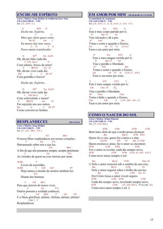 13
ENCHE-ME ESPÍRITO
Letra e Música: Jorge Rehder & Guilherme Kerr Neto
CD: LOUVOR IV – VPC
Intr. [ G , D/F# , C ]
G D/F# D
Enche-me, Espírito,
C G
Mais que cheio quero estar,
B4 B7 Em C
Eu menor dos teus vasos,
G D C G
Posso muito transbordar.
D D#o Em Em/D
Oh, dá-me falar cada dia
C G/B Am G D
Com salmos, hinos de amor!
F Bb7(13) Em A7
Oh, dá-me viver cada dia
Dm G C D4 D7
Com gratidão e louvor!
Enche-me, Espírito...
D D#o Em Em/D
Oh, dá-me viver cada dia
C G/B Am G D
Com sobriedade e temor!
F Bb7(13) Em A7
Em sujeição uns aos outros
Dm G C D4 D7
Como convém no Senhor.
RESPLANDECEU (2Co 4.3-6)
Letra e Música: Jorge Rehder
CD: LOUVOR IV – VPC
Intr. [ C , G/C , Bb/C , F/C ]
C G/C Bb/C
O nosso Deus resplandeceu em nossos corações,
F Em F/G
Derramando sobre nós a sua luz.
C G/C Bb/C
A fim de que nós possamos sempre, sempre proclamar
F Em F/G
As virtudes de quem na cruz morreu por amar.
Ab/Bb C
Livres da escuridão,
Ab/Bb C G/B Am7 D7
Hoje temos a missão de sermos também luz
F/G
Diante dos homens.
C G/C Bb/C
Para que através do nosso viver,
F Em F/G
Outros possam a verdade conhecer;
C G/C Bb/C F Em F/G
E a Deus glorificar, aleluia. Aleluia, aleluia, aleluia!
[ Intr. ] C
Resplandeceu.
EM AMOR POR MIM (Mt 26.26-28; 1Co 11.23-25)
(Comunidade da Argentina)
CD: LOUVOR IV – VPC
Intr. [ D , A/C# , C , G , D , A/C# , C , G/A A7 ]
D Em D/F# G
Este é meu corpo partido por ti;
D Bm E7 A4
Traz salvação e dá a paz.
A7 F#m Bm
Toma e come e quando o fizeres,
Em A4 A7 D [ G/A ]
Faze-o em amor por mim.
D Em D/F# G
Este é meu sangue vertido por ti;
D Bm E7 A4
Traz o perdão e liberdade.
A7 F#m Bm
Toma e come e quando o fizeres,
Em A4 A7 D [ E/D , C , A/B ]
Faze-o em amor por mim.
E E/D A/C# C
Este é meu sangue vertido por ti;
E/B C#m F# B7
4
Traz o perdão e liberdade.
B7 G#m C#m
Toma e bebe e quando o fizeres,
F#m A/B E [ A/E , B/E , A/E , E ]
Faze-o em amor por mim.
COMO O NASCER DO SOL
Letra e Música: Sérgio Pimenta
CD: LOUVOR VI – VPC
Intr. [ D , G/D (4x) ]
D7M G7M D7M G7M
Bem mais além do que a razão possa alcançar:
Bm Bm/A G7M D/F#
Quem fez o céu, quem fez a terra e o mar,
Em7(9) F#4 F# Bm A G7M
Quem ensinou o amar, fez o amor se encontrar;
D7M G7M D7M G7M
Fez o amor se revelar, cada dia sempre novo,
D7M G7M D7M [ G/D , D , G/D A/C# ]
Como novo nasce sempre o sol.
Bm Bm/A G7M F#m F#
/: Nele o amor crescerá sob a sombra da sua cruz,
Bm Bm/A G7M F#
Nele o amor seguirá sobre o brilho da sua luz.
Bm D/A G7M Em A7
Em Cristo Jesus o amor viverá seguro,
D7M G7M D7M G7M
Cada dia sempre novo, revelando sempre novo,
D7M G7M [ D , G/D A/C# ] 2ª vez [ Intr. , D ]
Como novo nasce sempre o sol. :/
 