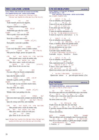 28
MEU GRANDE AMOR
Letra e Música: João Alexandre & Luciano Garruti Filho
CD: TODOS SÃO IGUAIS – JOÃO ALEXANDRE
Intr. [ F7M Em7 Am7 , Dm7(9) F/G , C7M Gm7 C7(9) ,
F7M Em7 Am7 , Dm7(9) F/G A7M , Dm7 F/G , C7M F/G G7 ]
C(add9) F/C G/B
Todo mundo precisa de alguém,
Gm7 F/C
Alguém sozinho é ninguém,
Fm6/C C7M F/G G7
Andorinha que não faz verão.
C(add9) F/C G/B
Não se pode viver sem dividir
Gm7 F/C
Sem dar as mãos nem sorrir,
Fm6/C C(add9) [ E7
4 E7 ]
Sem pedir e sem dar o perdão.
Am7 C/D D7 G7M(9) Em7
Com você descobri como é lindo o amor,
Am7 C/D D7 Dm7 Em7 F7M F/G
Não preciso fingir, posso ser quem sou.
F7M Em7 Am7 Dm7(9) F/G C7M Gm7 C7(9)
Meu grande amor, razão da minha vida,
F7M Em7 Am7 Dm7(9) F/G A7M
Meu doce amor, razão de toda paz;
Dm7(9) F/G C7M [ C/D D7 ]
Que Deus lá do céu me traz.
G(add9) C/G D/F#
Os seus olhos me fazem compreender
Dm7 C/G
Que não há nada a temer
Cm6/G G7M C/D D7
Quando a gente confia em Deus.
G(add9) C/G D/F#
Ao seu lado eu me encontro muito mais,
Dm7 C/G
Sou tão feliz, tão capaz,
Cm6/G G(add9) [ B7
4 B7 ]
Minha vida é um pedaço do céu.
Em7 G/A A7 D7M(9) Bm7
Que esse amor seja assim, sempre um dom de Deus,
Em7 G/A A7 Am7 Bm7 C7M C/D
Que ele cresça sem fim, sem medida.
C7M Bm7 Em7 Am7(9) C/D G7M Dm7 G7(9)
Meu grande amor, razão da minha vida,
C7M Bm7 Em7 Am7(9) C/D E7M
Meu doce amor, razão de toda paz;
Am7 C/D [ Solo ]
Que Deus lá do céu me traz.
Solo [ C7M Bm7 Em7 , Am7(9) C/D , G7M Dm7 G7(9) , C7M Bm7 Em7 ,
Am7(9) C/D E7M , Am7 C/D , C7M G/B , Am7 C/D , G7M ]
UM SÓ REBANHO (Jo 10.16b)
Letra e Música: J. J. Freire & C. H. Morris
CD: HINOS VOL.1 – VPC
VOZ, VIOLÃO E ALGO MAIS – JOÃO ALEXANDRE
Intr. [ C(add9) , F(add9)/C ] (2x)
C G/B C7 F Fm C
Um só rebanho, um só pastor,
F C Am D G
Uma só fé em um só Salvador.
C G/B C7 F G/D C G
É teu amor que nos une aqui
C/E G/F F C/G G G7 C
E num só espírito adoramos a ti,
F Em Dm C C/Bb Ab7(b5) C/G G7(13) G7 C
E num só espírito adoramos a ti.
C G/B C7 F Fm C
Um só rebanho, um só pastor,
F Em Am D7(9) D7/F# G7
4 G7
Fruto, ó Senhor, desse teu grande amor.
C G/D C7/E F G/D C G G7(13) G7
Só nos gloriamos na tua cruz;
C/E G/F F C/G G G7 C
Louvado sejas, bendito Jesus,
F Em Dm C C/Bb Ab7(b5) C/G G7(13) G7 C
Louvado sejas, bendito Jesus.
C G/B C7 F Fm C
Um só rebanho, um só pastor.
F C Am D G
Sim, esperamos por ti, ó Senhor!
C G/D C7/E F G/D C G G/F
É face a face que vamos ver
C/E G/F F C/G G G7 C
Quem nos amou e por nós quis morrer.
F Em Dm C C/Bb Ab7(b5) C/G G7(13) G7 C
Quem nos amou e por nós quis morrer. (2x)
PAI NOSSO (Mt 6.9-13)
Música: João Alexandre
CD: TODOS SÃO IGUAIS – JOÃO ALEXANDRE
Intr. [ Am7 G F7M E7 , F7M G Am7 ]
Am G6 F7M Am G6 F7M
Pai nosso que estás no céu santificado seja o teu nome
G Am G Am G Am G Am
Venha a nós o teu reino seja feita a tua vontade
F G Am F Am F
Na terra como nos céus.
Am G6 F7M Am G6 F7M
O pão nosso de cada dia dá-nos hoje
G Am G Am G Am G Am
E perdoa nossas dívidas como nós perdoamos
F G Am
Nossos devedores.
Bb7M Am(add9) Bb7M Am(add9)
Não nos deixes cair em tentação mas livra-nos do mal
Am G6 F7M Em7(11) D D/F# E E/G#
Pois teu é o reino o poder e a glória pra sempre, sempre
Am G6 F7M Em7(11) D7
4 Am7(9)
/: Amém :/ Amém.
 