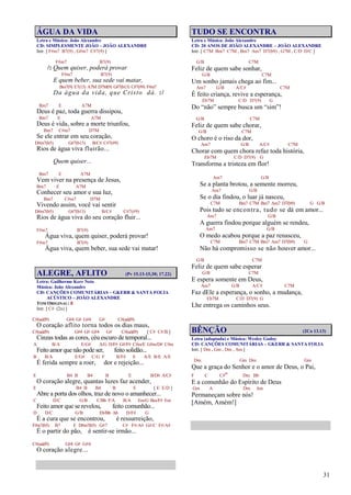 31
ÁGUA DA VIDA
Letra e Música: João Alexandre
CD: SIMPLESMENTE JOÃO – JOÃO ALEXANDRE
Intr. [ F#m7 B7(9) , G#m7 C#7(9) ]
F#m7 B7(9)
/: Quem quiser, poderá provar
F#m7 B7(9)
E quem beber, sua sede vai matar,
Bm7(9) E7(13) A7M D7M(9) G#7(b13) C#7(#9) F#m7
Da água da vida, que Cristo dá. :/
Bm7 E A7M
Deus é paz, toda guerra dissipou,
Bm7 E A7M
Deus é vida, sobre a morte triunfou,
Bm7 C#m7 D7M
Se ele entrar em seu coração,
D#m7(b5) G#7(b13) B/C# C#7(#9)
Rios de água viva fluirão...
Quem quiser...
Bm7 E A7M
Vem viver na presença de Jesus,
Bm7 E A7M
Conhecer seu amor e sua luz,
Bm7 C#m7 D7M
Vivendo assim, você vai sentir
D#m7(b5) G#7(b13) B/C# C#7(#9)
Rios de água viva do seu coração fluir...
F#m7 B7(9)
Água viva, quem quiser, poderá provar!
F#m7 B7(9)
Água viva, quem beber, sua sede vai matar!
ALEGRE, AFLITO (Pv 15.13-15,30; 17.22)
Letra: Guilherme Kerr Neto
Música: João Alexandre
CD: CANÇÕES COMUNITÁRIAS – GKERR & SANTA FOLIA
ACÚSTICO – JOÃO ALEXANDRE
TOM ORIGINAL: E
Intr. [ C# (2x) ]
C#(add9) G#4 G# G#4 G# C#(add9)
O coração aflito torna todos os dias maus,
C#(add9) G#4 G# G#4 G# C#(add9) [ C# C#/B ]
Cinzas todas as cores, céu escuro de temporal...
A B/A E/G# A/G D/F# G#/F# C#m/E G#m/D# C#m
Feito amor que não pode ser, feito solidão...
B B/A E/G# C/G F B/F# E A/E B/E A/E
É ferida sempre a roer, dor e rejeição...
E B4 B B4 B E B/D# A/C#
O coração alegre, quantas luzes faz acender,
E B4 B B4 B E [ E E/D ]
Abre a porta dos olhos, traz de novo o amanhecer...
C D/C G/B C/Bb F/A B/A Em/G Bm/F# Em
Feito amor que se revelou, feito comunhão...
D D/C G/B Eb/Bb Ab D/F# G
É a cura que se encontrou, é ressurreição,
F#m7(b5) B7 E D#m7(b5) G#7 C# F#/A# G#/C F#/A#
É o partir do pão, é sentir-se irmão...
C#(add9) G#4 G# G#4
O coração alegre...
TUDO SE ENCONTRA
Letra e Música: João Alexandre
CD: 20 ANOS DE JOÃO ALEXANDRE – JOÃO ALEXANDRE
Intr. [ C7M Bm7 C7M , Bm7 Am7 D7(b9) , G7M , C/D D/C ]
G/B C7M
Feliz de quem sabe sonhar,
G/B C7M
Um sonho jamais chega ao fim...
Am7 G/B A/C# C7M
É feito criança, revive a esperança,
Eb7M C/D D7(9) G
Do “não” sempre busca um “sim”!
G/B C7M
Feliz de quem sabe chorar,
G/B C7M
O choro é o riso da dor,
Am7 G/B A/C# C7M
Chorar com quem chora refaz toda história,
Eb7M C/D D7(9) G
Transforma a tristeza em flor!
Am7 G/B
Se a planta brotou, a semente morreu,
Am7 G/B
Se o dia findou, o luar já nasceu,
C7M Bm7 C7M Bm7 Am7 D7(b9) G G/B
Pois tudo se encontra, tudo se dá em amor...
Am7 G/B
A guerra findou porque alguém se rendeu,
Am7 G/B
O medo acabou porque a paz renasceu,
C7M Bm7 C7M Bm7 Am7 D7(b9) G
Não há compromisso se não houver amor...
G/B C7M
Feliz de quem sabe esperar
G/B C7M
E espera somente em Deus,
Am7 G/B A/C# C7M
Faz dEle a esperança, o sonho, a mudança,
Eb7M C/D D7(9) G
Lhe entrega os caminhos seus.
BÊNÇÃO (2Co 13.13)
Letra (adaptada) e Música: Wesley Godoy
CD: CANÇÕES COMUNITÁRIAS – GKERR & SANTA FOLIA
Intr. [ Dm , Gm , Dm , Am ]
Dm Gm Dm Gm
Que a graça do Senhor e o amor de Deus, o Pai,
F C C#o Dm Bb
E a comunhão do Espírito de Deus
Gm A Dm Am
Permaneçam sobre nós!
[Amém, Amém!]
 