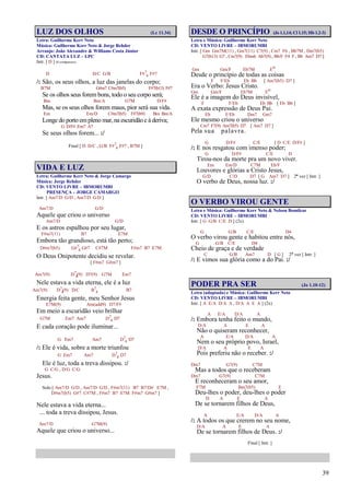 39
LUZ DOS OLHOS (Lc 11.34)
Letra: Guilherme Kerr Neto
Música: Guilherme Kerr Neto & Jorge Rehder
Arranjo: João Alexandre & Williams Costa Júnior
CD: CANTATA LUZ – LPC
Intr. [ D ] (8 compassos)
D D/C G/B F#7
4 F#7
/: São, os seus olhos, a luz das janelas do corpo;
B7M G#m7 C#m7(b5) F#7(b13) F#7
Se os olhos seus forem bons, todo o seu corpo será;
Bm Bm/A G7M D/F#
Mas, se os seus olhos forem maus, pior será sua vida.
Em Em/D C#m7(b5) F#7(b9) Bm Bm/A
Longe do porto empleno mar, na escuridão e à deriva;
G D/F# Em7 A7
Se seus olhos forem... :/
Final [ D D/C , G/B F#7
4 F#7 , B7M ]
VIDA E LUZ
Letra: Guilherme Kerr Neto & Jorge Camargo
Música: Jorge Rehder
CD: VENTO LIVRE – IBMORUMBI
PRESENÇA – JORGE CAMARGO
Intr. [ Am7/D G/D , Am7/D G/D ]
Am7/D G/D
Aquele que criou o universo
Am7/D G/D
E os astros espalhou por seu lugar,
F#m7(11) B7 E7M
Embora tão grandioso, está tão perto;
D#m7(b5) G#7
4 G#7 C#7M F#m7 B7 E7M
O Deus Onipotente decidiu se revelar.
[ F#m7 G#m7 ]
Am7(9) D7
4(9) D7(9) G7M Em7
Nele estava a vida eterna, ele é a luz
Am7(9) D7
4(9) D/C B7
4 B7
Energia feita gente, meu Senhor Jesus
E7M(9) Am(add9) D7/F#
Em meio a escuridão veio brilhar
G7M Em7 Am7 D7
4 D7
E cada coração pode iluminar...
G Em7 Am7 D7
4 D7
/: Ele é vida, sobre a morte triunfou
G Em7 Am7 D7
4 D7
Ele é luz, toda a treva dissipou. :/
G C/G , D/G C/G
Jesus.
Solo [ Am7/D G/D , Am7/D G/D , F#m7(11) B7 B7/D# E7M ,
D#m7(b5) G#7 C#7M , F#m7 B7 E7M F#m7 G#m7 ]
Nele estava a vida eterna...
... toda a treva dissipou, Jesus.
Am7/D G7M(9)
Aquele que criou o universo...
DESDE O PRINCÍPIO (Jo 1.1,14; Cl 1.15; Hb 1.2-3)
Letra e Música: Guilherme Kerr Neto
CD: VENTO LIVRE – IBMORUMBI
Intr. [ Gm Gm7M(11) , Gm7(11) C7(9) , Cm7 F6 , Bb7M , Dm7(b5)
G7(b13) G7 , Cm7(9) Ebm6 Ab7(9) , Bb/F F4 F , Bb Am7 D7 ]
Gm Gm/F Eb7M Eo
Desde o princípio de todas as coisas
F F/Eb Eb Bb [ Am7(b5) D7 ]
Era o Verbo: Jesus Cristo.
Gm Gm/F Eb7M Eo
Ele é a imagem do Deus invisível,
F F/Eb Eb Bb [ Eb Bb ]
A exata expressão de Deus Pai.
Eb F/Eb Dm7 Gm7
Ele mesmo criou o universo
Cm7 F7(9) Am7(b5) D7 [ Am7 D7 ]
Pela sua palavra.
G D/F# C/E [ D C/E D/F# ]
/: E nos resgatou com imenso poder;
G D/F# C/E D
Tirou-nos da morte pra um novo viver.
Em Em/D C7M Eb/F
Louvores e glórias a Cristo Jesus,
G/D C/D D7 [ G Am7 D7 ] 2ª vez [ Intr. ]
O verbo de Deus, nossa luz. :/
O VERBO VIROU GENTE
Letra e Música: Guilherme Kerr Neto & Nelson Bomilcar
CD: VENTO LIVRE – IBMORUMBI
Intr. [ G G/B C/E D ] (2x)
G G/B C/E D4
O verbo virou gente e habitou entre nós,
G G/B C/E D4
Cheio de graça e de verdade
C G/B Am7 D [ G ] 2ª vez [ Intr. ]
/: E vimos sua glória como a do Pai. :/
PODER PRA SER (Jo 1.10-12)
Letra (adaptada) e Música: Guilherme Kerr Neto
CD: VENTO LIVRE – IBMORUMBI
Intr. [ A E/A D/A A , D/A A E A ] (2x)
A E/A D/A A
/: Embora tenha feito o mundo,
D/A A E A
Não o quiseram reconhecer,
A E/A D/A A
Nem o seu próprio povo, Israel,
D/A A E A
Pois preferiu não o receber. :/
Dm7 G7(9) C7M
Mas a todos que o receberam
Dm7 G7(9) C7M
E reconheceram o seu amor,
F7M Bm7(b5) E
Deu-lhes o poder, deu-lhes o poder
D A E A
De se tornarem filhos de Deus,
A E/A D/A A
/: A todos os que crerem no seu nome,
D/A A E A
De se tornarem filhos de Deus. :/
Final [ Intr. ]
 