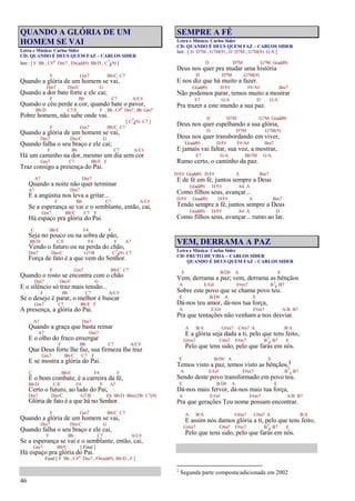 46
QUANDO A GLÓRIA DE UM
HOMEM SE VAI
Letra e Música: Carlos Sider
CD: QUANDO É DEUS QUEM FAZ – CARLOS SIDER
Intr.: [ F Bb , C#o
Dm7 , Eb(add9) Bb/D , C7
4(9) ]
F Gm7 Bb/C C7
Quando a glória de um homem se vai,
Dm7 Dm/C G
Quando a dor bate forte e ele cai;
F Bb C7 A/C#
Quando o céu perde a cor, quando bate o pavor,
Bb/D C7/E F Bb , C#o
Dm7 , Bb Gm7
Pobre homem, não sabe onde vai.
[ C7
4(9) C7 ]
F Gm7 Bb/C C7
Quando a glória de um homem se vai,
Dm7 Dm/C G
Quando falha o seu braço e ele cai;
F Bb C7 A/C#
Há um caminho na dor, mesmo um dia sem cor
Gm7 C7 Bb/F F
Traz consigo a presença do Pai.
A7 Dm7
Quando a noite não quer terminar
A7 Dm7
E a angústia nos leva a gritar...
F Bb C7 A/C#
Se a esperança se vai e o semblante, então, cai,
Gm7 Bb/C C7 F
Há espaço pra glória do Pai.
C Bb/C F4 F
Seja no pouco ou na sobra de pão,
Bb/D C/E F4 F A7
Vendo o futuro ou na perda do chão,
Dm7 Dm/C G7/B C7
4(9) C7
Força de fato é a que vem do Senhor.
F Gm7 Bb/C C7
Quando o rosto se encontra com o chão
Dm7 Dm/C G
E o silêncio só traz mais tensão...
F Bb C7 A/C#
Se o desejo é parar, o melhor é buscar
Gm7 C7 Bb/F F
A presença, a glória do Pai.
A7 Dm7
Quando a graça que basta reinar
A7 Dm7
E o olho do fraco enxergar
F Bb C7 A/C#
Que Deus forte lhe faz, sua firmeza lhe traz
Gm7 Bb/C C7 F
E se mostra a glória do Pai.
C Bb/C F4 F
É o bom combate, é a carreira da fé,
Bb/D C/E F4 F A7
Certo o futuro, ao lado do Pai,
Dm7 Dm/C G7/B Eb Bb/D Bbm/Db C7(9)
Glória de fato é a que há no Senhor.
F Gm7 Bb/C C7
Quando a glória de um homem se vai,
Dm7 Dm/C G
Quando falha o seu braço e ele cai,
F Bb C7 A/C#
Se a esperança se vai e o semblante, então, cai,
Gm7 Bb/C [ Final ]
Há espaço pra glória do Pai.
Final [ F Bb , C#o
Dm7 , Eb(add9) Bb/D , F ]
SEMPRE A FÉ
Letra e Música: Carlos Sider
CD: QUANDO É DEUS QUEM FAZ – CARLOS SIDER
Intr.: [ D D7M , G7M(9) , D D7M , G7M(9) G/A ]
D D7M G7M G(add9)
Deus nos quer pra mudar uma história
D D7M G7M(9)
E nos diz que há muito a fazer.
G(add9) D/F# F#/A# Bm7
Não podemos parar, temos muito a mostrar
E7 G/A D G/A
Pra trazer a este mundo a sua paz.
D D7M G7M G(add9)
Deus nos quer espelhando a sua glória,
D D7M G7M(9)
Deus nos quer transbordando em viver,
G(add9) D/F# F#/A# Bm7
E jamais vai faltar, sua voz, a mostrar,
E7 G/A Bb7M G/A
Rumo certo, o caminho da paz.
D/F# G(add9) D/F# A Bm7
E de fé em fé, juntos sempre a Deus
G(add9) D/F# A4 A
Como filhos seus, avançar...
D/F# G(add9) D/F# A Bm7
Tendo sempre a fé, juntos sempre a Deus
G(add9) D/F# A4 A D
Como filhos seus, avançar... rumo ao lar.
VEM, DERRAMA A PAZ
Letra e Música: Carlos Sider
CD: FRUTO DE VIDA – CARLOS SIDER
QUANDO É DEUS QUEM FAZ – CARLOS SIDER
E B/D# A E
Vem, derrama a paz; vem, derrama as bênçãos
A E/G# F#m7 B7
4 B7
Sobre este povo que se chama povo teu.
E B/D# A E
Dá-nos teu amor, dá-nos tua força,
A E/G# F#m7 A/B B7
Pra que tentações não venham a nos desviar.
A B/A G#m7 C#m7 A B/A
E a glória seja dada a ti, pelo que tens feito,
G#m7 C#m7 F#m7 B7
4 B7 E
Pelo que tens sido, pelo que farás em nós.
E B/D# A E
Temos visto a paz, temos visto as bênçãos,2
A E/G# F#m7 B7
4 B7
Sendo deste povo transformado em povo teu.
E B/D# A E
Dá-nos mais fervor, dá-nos mais tua força,
A E/G# F#m7 A/B B7
Pra que gerações Teu nome possam encontrar.
A B/A G#m7 C#m7 A B/A
E assim nós damos glória a ti, pelo que tens feito,
G#m7 C#m7 F#m7 B7
4 B7 E
Pelo que tens sido, pelo que farás em nós.
2
Segunda parte composta/adicionada em 2002
 