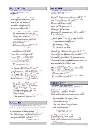 53
JESUS PROVOU
Letra e Música: Jayro Trench Gonçalves
CD: OUVI DIZER – GRUPO ELO
TOM ORIGINAL: F
Intr. [ B4 ]
E B/D# C#m C#m/B
Jesus provou o seu amor por mim,
A A#o E/B A/B
No Calvário isso aconteceu.
E B/D# C#m C#m/B
A sua vida entregou na cruz
A A#o B4 B
A fim desse amor revelar.
E E/D A/C# A/B E B/D#
Ele quer que eu o siga cada dia.
C#m C#m/B A [ A E/G# ]
Não me deixa só, mas diz:
F#m B B/A G#m
“Estou contigo, venha o que vier,
C#m C#m/B A [ A E/G# ]
Não te deixarei.
F#m A/B [ A E/G# F#m E ]
Não te deixarei, filho meu”.
[ Intr. ]
E B/D# C#m C#m/B
O seu amor eu aceitei, enfim,
A A#o E/B A/B
E tudo novo se tornou pra mim.
E B/D# C#m C#m/B
Eu vivo agora só pra seu louvor
A A#o B4 B
E o seu amor compartilhar.
Ele quer que eu o siga...
E B/D# A/C# B/D# E A/B
Oh, sim! Ele é fiel e cuidará de mim.
E B/D# A/C# B E [ C7 ]
Que grande amor: o amor de meu Jesus.
F C/E Bb/D C/E F Bb/C
Oh, sim! Ele é fiel e cuidará de mim.
F C/E Bb/D C F
Que grande amor: o amor de meu Jesus.
[ C#7 ]
F# F#/E B/D# B/C# F# C#/F
Ele quer que eu o siga cada dia.
D#m D#m/C# B [ B F#/A# ]
Não me deixa só, mas diz:
G#m C# C#/B A#m
“Estou contigo, venha o que vier,
D#m D#m/C# B [ B F#/A# ]
Não te deixarei.
G#m B/C# [ B F#/A# G#m F# ]
/: Não te deixarei, filho meu”. :/
1 JOÃO 1:9
CD: CALMO, SERENO E TRANQUILO – GRUPO ELO
Intr. [ F7M Fm6 , Em7 D#o , Dm7 C#7(13) , C7M(9) G Am G/B ]
C Em7/B Am Am/G
Se confessarmos os nossos pecados
Dm Dm/C G Gm7 C7(9) F7M Fm6
Ele é fiel e justo para nos perdoar os pecados
C Am Dm G7 1ªvez[ C , G Am G/B ]
E nos purificar de toda injustiça.
2ª vez [ F C/E Dm C6
9]
AO SENTIR
Letra e Música: Jayro Trench Gonçalves
CD: OUVI DIZER – GRUPO ELO
Intr. [ A E/A , D/A ] (2x)
A E/A D/A A E/A D/A D/E
Ao sentir o mundo ao meu redor (ao sentir...),
A E/A D/A A E/A D/A E/G#
Nada vi que pudesse ser real (nada vi...).
F#m7 B7(9) E7M
Percebi que todos buscam paz,
C#m7
Porém, em vão (porém, em vão...),
F#m7 B7(9)
Pois naquilo que procuram
E E/D C#m7 Bm7 D/E
Não há solução (não há solução), não há solução.
(É só em Jesus...)
A C#m7 D7M D/E A C#m7
Só em Jesus a paz real eu pude encontrar;
D7M D/E C#7
4 C#7 F#m7
O seu amor pude experimentar:
Bm7 C#m7
Me entreguei a Cristo
D7M D/E [ Intr. ]
E a vida eterna vou gozar.
A E/A D/A A E/A D/A D/E
Posso ver que você não é feliz (posso ver...),
A E/A D/A A E/A D/A E/G#
Vou dizer que não podes ser feliz (vou dizer...):
F#m7 B7(9) E7M C#m7
Se continuar a procurar em vão (procurar em vão)
F#m7 B7(9) E E/D
Emcaminhosquenãotrazemsolução(nãotrazemsolução),
C#m7 Bm7 D/E
Não trazem solução. (É só em Jesus...)
A C#m7 D7M D/E A C#m7
/: Só em Jesus a paz real você vai encontrar,
D7M D/E C#7
4 C#7 F#m7
O seu amor vai experimentar.
Bm7 C#m7
Vem a Jesus Cristo
D7M D/E A E/A D/A [ D/E ] 2ª vez [ A ]
E a vida eterna vai gozar. :/
CRISTO JESUS
Letra e Música: Jayro Trench Gonçalves
CD: CALMO, SERENO E TRANQUILO – GRUPO ELO
G Bm7 Em Bm C G A D7
Cristo Jesus é meu bom Salvador,
G Bm7 Em Bm C G A D7
Desejo amá-lo mais, todos os dias és meu Senhor.
G Bm7 Em Bm
A Cristo eu amo; oh, quanto eu amo!
C G A D7
Pois por mim, morreu;
G Bm7 Em Bm
Com o seu sangue, Jesus salvou-me
C G A D7
E em gratidão sou seu.
G Bm7 Em Bm C G A D7
Tchu, tchu... ru... ru...
G Bm7 Em Bm C G A D7
Bem cedo ao céu, ele me levará,
G Bm7 Em Bm C G A D7
Desejo amá-lo mais, eternamente me guiará.
A Cristo eu amo...
 
