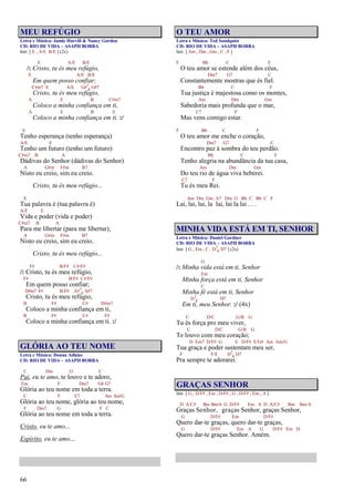 66
MEU REFÚGIO
Letra e Música: Jamie Harvill & Nancy Gordon
CD: RIO DE VIDA – ASAPH BORBA
Intr. [ E , A/E B/E ] (2x)
E A/E B/E
/: Cristo, tu és meu refúgio,
E A/E B/E
Em quem posso confiar;
C#m7 E A/E G#7
4 G#7
Cristo, tu és meu refúgio,
A E B C#m7
Coloco a minha confiança em ti,
A E B E
Coloco a minha confiança em ti. :/
E
Tenho esperança (tenho esperança)
A/E E
Tenho um futuro (tenho um futuro)
C#m7 B A
Dádivas do Senhor (dádivas do Senhor)
A G#m F#m B7
Nisto eu creio, sim eu creio.
Cristo, tu és meu refúgio...
E
Tua palavra é (tua palavra é)
A/E E
Vida e poder (vida e poder)
C#m7 B A
Para me libertar (para me libertar);
A G#m F#m B7
Nisto eu creio, sim eu creio.
Cristo, tu és meu refúgio...
F# B/F# C#/F#
/: Cristo, tu és meu refúgio,
F# B/F# C#/F#
Em quem posso confiar;
D#m7 F# B/F# A#7
4 A#7
Cristo, tu és meu refúgio,
B F# C# D#m7
Coloco a minha confiança em ti,
B F# C# F#
Coloco a minha confiança em ti. :/
GLÓRIA AO TEU NOME
Letra e Música: Donna Adkins
CD: RIO DE VIDA – ASAPH BORBA
C Dm G C
Pai, eu te amo, te louvo e te adoro,
Em F Dm7 G4 G7
Glória ao teu nome em toda a terra.
C F E7 Am Am/G
Glória ao teu nome, glória ao teu nome,
F Dm7 G F C
Glória ao teu nome em toda a terra.
Cristo, eu te amo...
Espírito, eu te amo...
O TEU AMOR
Letra e Música: Ted Sandquist
CD: RIO DE VIDA – ASAPH BORBA
Intr. [ Am , Dm , Gm , C , F ]
F Bb C F
O teu amor se estende além dos céus,
Dm7 G7 C
Constantemente mostras que és fiel.
Bb C F
Tua justiça é majestosa como os montes,
Am Dm Gm
Sabedoria mais profunda que o mar,
C7 F
Mas vens comigo estar.
F Bb C F
O teu amor me enche o coração,
Dm7 G7 C
Encontro paz à sombra do teu perdão.
Bb C F
Tenho alegria na abundância da tua casa,
Am Dm Gm
Do teu rio de água viva beberei.
C7 F
Tu és meu Rei.
Am Dm Gm A7 Dm G Bb C Bb C F
Lai, lai, lai, la lai, lai la lai . . .
MINHA VIDA ESTÁ EM TI, SENHOR
Letra e Música: Daniel Gardner
CD: RIO DE VIDA – ASAPH BORBA
Intr. [ G , Em , C , D7
4 D7 ] (2x)
G
/: Minha vida está em ti, Senhor
Em
Minha força está em ti, Senhor
C
Minha fé está em ti, Senhor
D7
4 D7
Em ti, meu Senhor. :/ (4x)
C D/C G/B G
Tu és força pro meu viver,
C D/C G/B G
Te louvo com meu coração;
D Em7 D/F# G E D/F# E/G# Am Am/G
Tua graça e poder sustentam meu ser,
F F/E D7
4 D7
Pra sempre te adorarei.
GRAÇAS SENHOR
Intr. [ G , D/F# , Em , D/F# , G , D/F# , Em , A ]
D A/C# Bm Bm/A G D/F# Em A D A/C# Bm Bm/A
Graças Senhor, graças Senhor, graças Senhor,
G D/F# Em D/F#
Quero dar-te graças, quero dar-te graças,
G D/F# Em A G D/F# Em D
Quero dar-te graças Senhor. Amém.
 