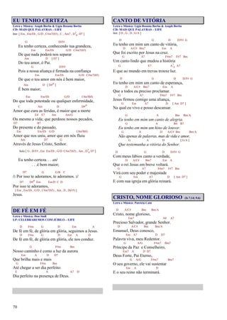 70
EU TENHO CERTEZA
Letra e Música: Asaph Borba & Lígia Rosana Borba
CD: MAIS QUE PALAVRAS – LIFE
Intr. [ Em , Em/Eb , G/D , C#m7(b5) , C , Am7 , D7
4, D7 ]
G D/F#
Eu tenho certeza, conhecendo tua grandeza,
Em Em/Eb G/D C#m7(b5)
De que nada poderá nos separar
Am D [ D7 ]
Do teu amor, ó Pai.
G D/F#
Pois a nossa aliança é firmada na confiança
Em Em/Eb G/D C#m7(b5)
De que o teu amor em nós é bem maior,
Am D [ D#o ]
É bem maior;
Em Em/Eb G/D C#m7(b5)
Do que toda potestade ou qualquer enfermidade,
C Am D D#o
Amor que cura as feridas, é maior que a morte
E4 E7 Am Am/G
Ou mesmo a vida; que perdoou nossos pecados,
D7 B7
Do presente e do passado,
Em Em/Eb G/D C#m7(b5)
Amor que nos uniu, amor que em nós fluiu
Am D7 G
Através de Jesus Cristo, Senhor.
Solo [ G , D/F# , Em Em/Eb , G/D C#m7(b5) , Am , D7
4 D7 ]
Eu tenho certeza. . . até
. . .é bem maior;
D7 G G/B C
/: Por isso te adoramos, te adoramos. :/
D7 D#o Em Em/D C D
Por isso te adoramos,
[ Em , Em/Eb , G/D , C#m7(b5) , Am , D , D(#5) ]
Jesus.
DE FÉ EM FÉ
Letra e Música: Don Stoll
LP: CELEBRAREMOS COM JÚBILO – LIFE
D F#m G D Em A
De fé em fé, de glória em glória, seguimos a Jesus.
D F#m G D Em A D
De fé em fé, de glória em glória, ele nos conduz.
G F#m Bm
Nosso caminho é como a luz da aurora
Em A D D7
Que brilha mais e mais
G F#m Bm
Até chegar a ser dia perfeito:
E A A7 D
Dia perfeito na presença de Deus.
CANTO DE VITÓRIA
Letra e Música: Lígia Rosana Borba & Asaph Borba
CD: MAIS QUE PALAVRAS – LIFE
Intr. [ D , G , D , G/A ]
D G D D/F# G
Eu tenho em mim um canto de vitória,
D A/C# Bm7 Em A
Que foi escrito por Jesus na cruz.
G A7 F#m7 F#7 Bm
Um canto lindo que mudou a história
G E7 A7
4 A7
E que ao mundo em trevas trouxe luz.
D G D D/F# G
Eu tenho em mim um canto de esperança,
D A/C# Bm7 Em A
Que a todos eu preciso proclamar.
G A7 F#m7 F#7 Bm
Jesus firmou comigo uma aliança,
G Em A7 D [ Am D7 ]
Na qual eu vivo e posso descansar.
G A Bm Bm/A
Eu tenho em mim um canto de alegria.
G A B4 B7
Eu tenho em mim um hino de louvor.
G A D A/C# Bm Bm/A
Não apenas de palavras, mas de vida e amor,
G A D [ G/A ]
Que testemunha a vitória do Senhor.
D G D D/F# G
Com meus lábios canto a verdade,
D A/C# Bm7 Em A
Que o rei Jesus em breve voltará.
G A7 F#m7 F#7 Bm
Virá com seu poder e majestade
G Em A7 D [ Am D7 ]
E com sua igreja em glória reinará.
CRISTO, NOME GLORIOSO (Is 7.14; 9.6)
Letra e Música: Patrícia Cain
D A/C# Bm Bm/A
Cristo, nome glorioso,
Em7 A4 A7
Precioso Salvador, grande Senhor.
D A/C# Bm Bm/A
Emanuel, Deus conosco,
Em A7 D D7
Palavra viva, meu Redentor.
G A/G F#m7 Bm7
Príncipe da Paz e Conselheiro,
Em7 A D D7
Deus Forte, Pai Eterno,
G A/G F#m7 Bm7
O seu governo, ele vai sustentar
Em A D
E o seu reino não terminará.
 