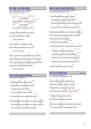 71
EU ME ALEGRAREI
Letra e Música: Don Stoll & Asaph Borba
CD: MAIS QUE PALAVRAS – LIFE
Intr. [ E , E7M , E/G# , A ] (2x)
E E7M E/G# A E E7M E/G# A
Eu me alegrarei
C#m F#7 B7(13) B7 E A/B
Em ti, Senhor, enquanto eu viver.
E E7M E/G# A E E7M E/G# A
Eu proclamarei
C#m F#7 B7(13) B7 E
O teu amor, enquanto eu viver.
G A E
Os meus lábios cantarão o teu louvor
G A B7
E as tuas maravilhas, ó Senhor.
Eu me alegrarei...
G A E
Pois me deste nova vida em Jesus,
G A B7
Que comigo uma aliança fez na cruz.
Eu me alegrarei...
A B C#m G#m
Sim, eu quero estar entre aqueles que te amam,
A B E
Entre aqueles que entregam tudo em tuas mãos.
A B C#m G#m
Sim, eu quero estar entre aqueles que proclamam
A E/G# F#m F# B B7
Teu governo sobre todas as nações.
Eu me alegrarei...
ESTAMOS REUNIDOS
Letra e Música: Asaph Borba
C Em Am Am/G
/: Estamos reunidos aqui, Senhor
Dm7 G7 C7M
Porque temos conhecido teu amor,
E E7
Trazemos em nossos lábios
Am Am/G
Um novo cântico em teu louvor,
D7 G7
4 G7
1º Pois tua glória tem enchido este lugar. :/
Dm7 G7 C Am
2º Pois tua glória tem enchido este lugar. (Aleluia)
Dm7 G7 C Am
Pois tua glória tem enchido este lugar. (Aleluia)
Dm7 G7 C
Pois tua glória tem enchido este lugar.
DEUS DOS IMPOSSÍVEIS
Letra e Música: Felipe Espíndola & Asaph Borba
CD: MAIS QUE PALAVRAS – LIFE
C C/E F G
/: Não há impossíveis para ti, ó Deus.
C C/E F G
Não há nada que não possas realizar.
Am Am7M Am7 D7
Não há nada imutável para ti, ó Deus de amor,
Dm C/E G7
4 G7
Que nos deste o teu Filho pra nos salvar. :/
F G C Dm7 C/E
Pois tudo que pedirmos em teu nome, tu farás,
F G C Dm7 C/E
Se estivermos junto à porta a bater, tu abrirás.
F G/F
Porque nós somos teus filhos,
E7 Am Am/G
Temos parte em tua herança
F C G7
4 G7
E podemos descansar em plena paz e segurança.
F G/F C C/E F C/E
Crendo em ti além da esperança,
F G/F C Gm7 C7
Confiando, apesar das circunstâncias.
F G/F C Em Am7
Cremos em ti, pois conhecemos teu amor,
F C G7
4G7 C
Sabemos que és o Deus dos impossíveis.
C C/E F G7 C
Não há impossíveis para ti, ó Deus.
SÓ TU ÉS DIGNO (Ap 4.11)
Letra e Música: Benedito Carlos
K7: LIVRO DE CÂNTICOS VOL.2 – LIFE
D A Am G
Só tu és digno, Senhor e Deus nosso,
Gm D4 Bm E4 E7 A4 A
De receber a glória, a honra e o poder.
D A Am G
Porque todas as coisas tu criaste, sim,
Gm D4 Bm Em A D Am
Por causa da tua vontade, vieram existir.
D7 G A D Am
E foram criadas pra teu louvor.
D7 G A D
Sim, foram criadas pra teu louvor.
Bm F#m G A D
/: Por isso te adoramos, prostrados aos teus pés,
Bm E4 Em A D
E te entronizamos por tudo que tu és. :/
 