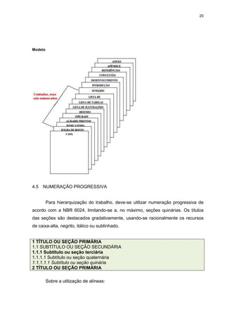 20




Modelo




4.5   NUMERAÇÃO PROGRESSIVA


         Para hierarquização do trabalho, deve-se utilizar numeração progressiva de
acordo com a NBR 6024, limitando-se a, no máximo, seções quinárias. Os títulos
das seções são destacados gradativamente, usando-se racionalmente os recursos
de caixa-alta, negrito, itálico ou sublinhado.


1 TÍTULO OU SEÇÃO PRIMÁRIA
1.1 SUBTÍTULO OU SEÇÃO SECUNDÁRIA
1.1.1 Subtítulo ou seção terciária
1.1.1.1 Subtítulo ou seção quaternária
1.1.1.1.1 Subtítulo ou seção quinária
2 TÍTULO OU SEÇÃO PRIMÁRIA

         Sobre a utilização de alíneas:
 