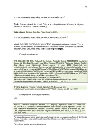 75




7.14 MODELO DE REFERÊNCIA PARA VADE-MÉCUNS10


Título. Número de edição. Local: Editora, ano de publicação. Número de páginas.
(Nome da série e/ou coleção, número).

Vade-mécum: Saraiva. 3.ed. São Paulo: Saraiva, 2007.


7.15 MODELO DE REFERÊNCIA PARA JURISPRUDÊNCIA11


NOME DO PAÍS, ESTADO OU MUNICÍPIO. Órgão judiciário competente. Tipo e
número do documento. Partes envolvidas. Nome do relator precedido da palavra
“Relator”. Data (dia, mês, ano). Indicação da publicação.

          Exemplos na internet:


RIO GRANDE DO SUL. Tribunal de Justiça. Apelação Crime 70039495015. Apelante:
Jacson da Silva Luz; Geverson Luiz Silva. Apelado: Ministério Público do Estado. Relator:
Des. Nereu José Giacomolli. Porto Alegre, 16 dez. 2010. Disponível em:
<http://google4.tjrs.jus.br/search?q=cache:www1.tjrs.jus.br/site_php/consulta/consulta_proce
sso.php%3Fnome_comarca%3DTribunal%2Bde%2BJusti%25E7a%26versao%3D%26versa
o_fonetica%3D1%26tipo%3D1%26id_comarca%3D700%26num_processo_mask%3D70039
495015%26num_processo%3D70039495015%26codEmenta%3D3930394+acord%C3%A3o
+6&site=ementario&client=buscaTJ&access=p&ie=UTF-
8&proxystylesheet=buscaTJ&output=xml_no_dtd&oe=UTF-
8&numProc=70039495015&comarca=Comarca+de+Bom+Jesus&dtJulg=16-12-
2010&relator=Nereu+Jos%E9+Giacomolli>. Acesso em: 11 jan. 2011.


BRASIL. Supremo Tribunal Federal. Súmula n. 14. Disponível em:
<http://www.truenetm.com.br/jurisnet/sumusSTF.html>. Acesso em: 29 nov. 2007.


          Exemplos em publicação impressa:
Lex:


BRASIL. Tribunal Regional Federal (5. Região). Apelação cível n. 42.441-PE
(94.05.01629-6). Apelante: Edilemos Mamede dos Santos e outros. Apelada: Escola Téc-
nica Federal de Pernambuco. Relator: Juiz Nereu Santos. Recife, 4 de março de 1997.
Lex: jurisprudência do STJ e Tribunais Regionais Federais, São Paulo, v.10, n.103, p.558-
562, mar. 1998.
10
  A legislação deve ser citada a partir de suas fontes primárias, como os diários oficiais. O SICON (do
Senado Federal) e a página da Presidência da República também são fontes confiáveis e
recomendadas.
11
     O UniRitter adaptou a orientação da norma.
 