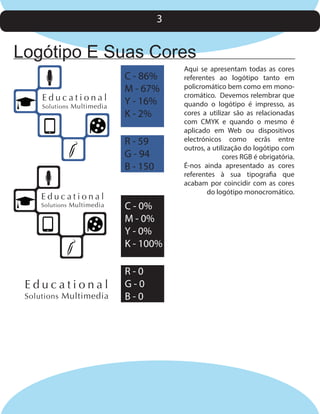 3

Logótipo E Suas Cores
Educational

Solutions Multimedia

C - 86%
M - 67%
Y - 16%
K - 2%
R - 59
G - 94
B - 150

Educational

Solutions Multimedia

Educational

Solutions Multimedia

C - 0%
M - 0%
Y - 0%
K - 100%
R-0
G-0
B-0

Aqui se apresentam todas as cores
referentes ao logótipo tanto em
policromático bem como em monocromático. Devemos relembrar que
quando o logótipo é impresso, as
cores a utilizar são as relacionadas
com CMYK e quando o mesmo é
aplicado em Web ou dispositivos
electrónicos como ecrãs entre
outros, a utilização do logótipo com
cores RGB é obrigatória.
É-nos ainda apresentado as cores
referentes à sua tipografia que
acabam por coincidir com as cores
do logótipo monocromático.

 