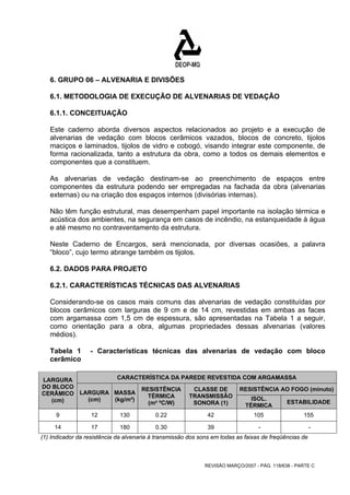 6. GRUPO 06 – ALVENARIA E DIVISÕES 
6.1. METODOLOGIA DE EXECUÇÃO DE ALVENARIAS DE VEDAÇÃO 
6.1.1. CONCEITUAÇÃO 
Este caderno aborda diversos aspectos relacionados ao projeto e a execução de 
alvenarias de vedação com blocos cerâmicos vazados, blocos de concreto, tijolos 
maciços e laminados, tijolos de vidro e cobogó, visando integrar este componente, de 
forma racionalizada, tanto a estrutura da obra, como a todos os demais elementos e 
componentes que a constituem. 
As alvenarias de vedação destinam-se ao preenchimento de espaços entre 
componentes da estrutura podendo ser empregadas na fachada da obra (alvenarias 
externas) ou na criação dos espaços internos (divisórias internas). 
Não têm função estrutural, mas desempenham papel importante na isolação térmica e 
acústica dos ambientes, na segurança em casos de incêndio, na estanqueidade à água 
e até mesmo no contraventamento da estrutura. 
Neste Caderno de Encargos, será mencionada, por diversas ocasiões, a palavra 
“bloco”, cujo termo abrange também os tijolos. 
6.2. DADOS PARA PROJETO 
6.2.1. CARACTERÍSTICAS TÉCNICAS DAS ALVENARIAS 
Considerando-se os casos mais comuns das alvenarias de vedação constituídas por 
blocos cerâmicos com larguras de 9 cm e de 14 cm, revestidas em ambas as faces 
com argamassa com 1,5 cm de espessura, são apresentadas na Tabela 1 a seguir, 
como orientação para a obra, algumas propriedades dessas alvenarias (valores 
médios). 
Tabela 1 - Características técnicas das alvenarias de vedação com bloco 
cerâmico 
CARACTERÍSTICA DA PAREDE REVESTIDA COM ARGAMASSA 
RESISTÊNCIA AO FOGO (minuto) 
REVISÃO MARÇO/2007 - PÁG. 118/638 - PARTE C 
LARGURA 
DO BLOCO 
CERÂMICO 
(cm) 
LARGURA 
(cm) 
MASSA 
(kg/m²) 
RESISTÊNCIA 
TÉRMICA 
(m² ºC/W) 
CLASSE DE 
TRANSMISSÃO 
SONORA (1) 
ISOL. 
TÉRMICA ESTABILIDADE 
9 12 130 0.22 42 105 155 
14 17 180 0.30 39 - - 
(1) Indicador da resistência da alvenaria à transmissão dos sons em todas as faixas de freqüências de 
 