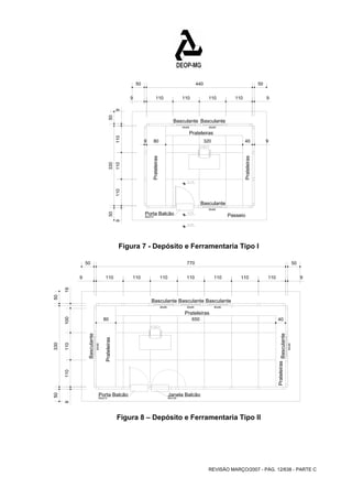 50 440 50 
9 110 110 110 110 9 
Basculante Basculante 
80x80 80x80 
Prateleiras 
9 80 320 40 9 
80x80 
Prateleiras 
80 650 40 
REVISÃO MARÇO/2007 - PÁG. 12/638 - PARTE C 
Prateleiras 
Basculante 
Porta Balcão Passeio 
80x210 
50 330 50 
9 110 110 110 9 
Figura 7 - Depósito e Ferramentaria Tipo I 
Basculante 
80x80 
Basculante 
80x80 
Basculante 
80x80 
Basculante 
80x80 
Prateleiras 
Prateleiras Basculante 
80x80 
Porta Balcão 
80x210 
Janela Balcão 
80x100 
Prateleiras 
50 330 50 
9 110 110 100 19 
50 
110 110 9 
50 770 
9 110 110 110 110 110 
Figura 8 – Depósito e Ferramentaria Tipo II 
 
