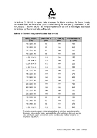 cerâmicos (½ bloco) ou optar pelo emprego de tijolos maciços de barro cozido; 
ressalte-se que, as dimensões padronizadas dos tijolos maciços (comprimento – 190 
mm, largura – 90 mm, altura – 57 mm) compatibilizam-se com a modulação dos blocos 
cerâmicos, conforme ilustrado na Figura 3. 
Tabela 4 - Dimensões padronizadas dos blocos 
REVISÃO MARÇO/2007 - PÁG. 122/638 - PARTE C 
TIPO (L x H x C) 
(cm) 
LARGURA (I) 
(mm) 
ALTURA (H) 
(mm) 
COMPRIMENTO 
(C) (mm) 
10 X 20 X 20 90 190 190 
10 X 20 X 25 90 190 240 
10 X 20 X 30 90 190 290 
10 X 20 X 40 90 190 390 
12,5 X 20 X 20 115 190 190 
12,5 X 20 X 25 115 190 240 
12,5 X 20 X 30 115 190 290 
12,5 X 20 X 40 115 190 390 
15 X 20 X 20 140 190 190 
15 X 20 X 25 140 190 240 
15 X 20 X 30 140 190 290 
15 X 20 X 40 140 190 390 
20 X 20 X 20 190 190 190 
20 X 20 X 25 190 190 240 
20 X 20 X 30 190 190 290 
20 X 20 X 40 190 190 390 
10 X 10 X 20 90 90 190 
10 X 15 X 20 90 140 190 
10 X 15 X 25 90 140 240 
12,5 X 15 X 25 115 140 240 
O projeto, portanto, deverá indicar ao calculista de estrutura quais demensões 
de vigas e pilares serão fixas e quais poderão sofrer variações, de modo que os 
vãos estruturais sejam compatíveis com a coordenação modular presente no 
projeto de arquitetura. 
 