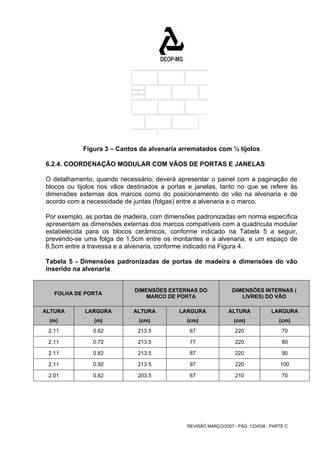 Figura 3 – Cantos da alvenaria arrematados com ½ tijolos 
6.2.4. COORDENAÇÃO MODULAR COM VÃOS DE PORTAS E JANELAS 
O detalhamento, quando necessário, deverá apresentar o painel com a paginação de 
blocos ou tijolos nos vãos destinados a portas e janelas, tanto no que se refere às 
dimensões externas dos marcos como do posicionamento do vão na alvenaria e de 
acordo com a necessidade de juntas (folgas) entre a alvenaria e o marco. 
Por exemplo, as portas de madeira, com dimensões padronizadas em norma específica 
apresentam as dimensões externas dos marcos compatíveis com a quadricula modular 
estabelecida para os blocos cerâmicos, conforme indicado na Tabela 5 a seguir, 
prevendo-se uma folga de 1,5cm entre os montantes e a alvenaria, e um espaço de 
6,5cm entre a travessa e a alvenaria, conforme indicado na Figura 4. 
Tabela 5 - Dimensões padronizadas de portas de madeira e dimensões do vão 
inserido na alvenaria 
FOLHA DE PORTA DIMENSÕES EXTERNAS DO 
MARCO DE PORTA 
DIMENSÕES INTERNAS ( 
LIVRES) DO VÃO 
ALTURA LARGURA ALTURA LARGURA ALTURA LARGURA 
(m) (m) (cm) (cm) (cm) (cm) 
2.11 0.62 213.5 67 220 70 
2.11 0.72 213.5 77 220 80 
2.11 0.82 213.5 87 220 90 
2.11 0.92 213.5 97 220 100 
2.01 0.62 203.5 67 210 70 
REVISÃO MARÇO/2007 - PÁG. 123/638 - PARTE C 
 