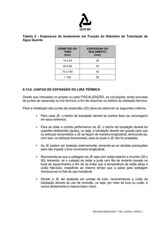 Tabela 2 - Espessura de Isolamento em Função do Diâmetro de Tubulação de 
Água Quente 
REVISÃO MARÇO/2007 - PÁG. 222/638 - PARTE C 
DIÂMETRO DO 
TUBO 
(mm) 
ESPESSURA DO 
ISOLAMENTO 
(mm) 
15 a 32 20 
40 a 65 30 
75 a 100 40 
> 100 50 
9.13.6. JUNTAS DE EXPANSÃO OU LIRA TÉRMICA 
Desde que indicadas no projeto ou pela FISCALIZAÇÃO, as tubulações serão providas 
de juntas de expansão ou lira térmica, a fim de absorver os efeitos da dilatação térmica. 
Para a instalação das juntas de expansão (JE) deve-se observar os seguintes critérios: 
ƒ Para cada JE, o trecho de tubulação deverá ter pontos fixos (ou ancoragem) 
em seus extremos; 
ƒ Para se obter a correta performance da JE, o trecho de tubulação deverá ter 
suportes deslizantes (guias), ou seja, a tubulação deverá ser guiada para que 
os esforços transmitidos a JE se façam de maneira longitudinal, diminuindo-se, 
com isso, os esforços transversais, para os quais a JE não foi projetada; 
ƒ As JE podem ser isoladas externamente, tomando-se as devidas precauções 
para não impedir o livre movimento longitudinal; 
ƒ Recomenda-se que a soldagem da JE seja com solda estanho x chumbo (50 x 
50), tomando- se o cuidado de isolar a junta com fita de amianto (exceto no 
local de aquecimento) a fim de se evitar que a temperatura da solda atinja a 
união fole-tubo, impedindo ao mesmo tempo que a pasta para soldagem 
introduza-se no fole de aço inoxidável; 
ƒ Devido a JE ser acabada em pontas de tubo, recomenda-se a união da 
tubulação através do uso de conexão, ou seja, por meio de luva ou união, e 
nunca diretamente à mesma (tubo- tubo). 
 
