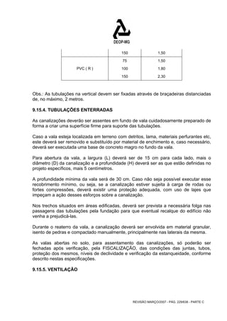 150 1,50 
75 1,50 
PVC ( R ) 100 1,80 
150 2,30 
Obs.: As tubulações na vertical devem ser fixadas através de braçadeiras distanciadas 
de, no máximo, 2 metros. 
9.15.4. TUBULAÇÕES ENTERRADAS 
As canalizações deverão ser assentes em fundo de vala cuidadosamente preparado de 
forma a criar uma superfície firme para suporte das tubulações. 
Caso a vala esteja localizada em terreno com detritos, lama, materiais perfurantes etc, 
este deverá ser removido e substituído por material de enchimento e, caso necessário, 
deverá ser executada uma base de concreto magro no fundo da vala. 
Para abertura da vala, a largura (L) deverá ser de 15 cm para cada lado, mais o 
diâmetro (D) da canalização e a profundidade (H) deverá ser as que estão definidas no 
projeto específicos, mais 5 centímetros. 
A profundidade mínima da vala será de 30 cm. Caso não seja possível executar esse 
recobrimento mínimo, ou seja, se a canalização estiver sujeita à carga de rodas ou 
fortes compressões, deverá existir uma proteção adequada, com uso de lajes que 
impeçam a ação desses esforços sobre a canalização. 
Nos trechos situados em áreas edificadas, deverá ser prevista a necessária folga nas 
passagens das tubulações pela fundação para que eventual recalque do edifício não 
venha a prejudicá-las. 
Durante o reaterro da vala, a canalização deverá ser envolvida em material granular, 
isento de pedras e compactado manualmente, principalmente nas laterais da mesma. 
As valas abertas no solo, para assentamento das canalizações, só poderão ser 
fechadas após verificação, pela FISCALIZAÇÃO, das condições das juntas, tubos, 
proteção dos mesmos, níveis de declividade e verificação da estanqueidade, conforme 
descrito nestas especificações. 
9.15.5. VENTILAÇÃO 
REVISÃO MARÇO/2007 - PÁG. 229/638 - PARTE C 
 