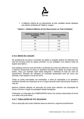 ƒ A distância máxima de um desconector ao tubo ventilador deverá obedecer 
aos valores constantes da Tabela 4, a seguir: 
Tabela 4 – Distância Máxima de Um Desconector ao Tubo Ventilador 
REVISÃO MARÇO/2007 - PÁG. 231/638 - PARTE C 
DIÂMETRO NOMINAL RAMAL 
DESCARGA 
(DN) 
DISTÂNCIA MÁXIMA 
(m) 
40 1.00 
50 1.20 
75 1.80 
100 2.40 
9.15.6. MEIOS DE LIGAÇÃO 
No acoplamento de tubos e conexões de esgoto a vedação poderá ser efetuada com 
anel de borracha (rede de esgoto primária), ou por soldagem com adesivo (rede de 
esgoto secundário). 
Sob hipótese nenhuma será permitida a confecção de juntas que deformem ou venham 
a deformar fisicamente os tubos ou aparelhos sanitários na região de junção entre as 
partes, como, por exemplo, fazer bolsa alargando o diâmetro do tubo por meio de 
aquecimento. Deverão ser utilizadas as conexões apropriadas para tal, como, por 
exemplo, luvas duplas ou luvas de correr. 
Todas as juntas executadas nas tubulações, e entre as tubulações e os aparelhos 
sanitários deverão ser estanques ao ar e à água devendo assim permanecer durante a 
vida útil. 
Nenhum material utilizado na execução de juntas deve adentrar nas tubulações de 
forma a diminuir a seção de passagem destas tubulações. 
Finalmente, as instruções dos FABRICANTES devem ser sempre observadas de forma 
a se obter uma junta eficaz. 
9.15.7. TUBULAÇÕES DE PVC SOLDADAS 
Para a execução das juntas soldáveis deve-se observar o seguinte procedimento: 
 