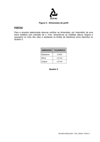 Figura 2 – Dimensões do perfil 
PORTAS 
Para a amostra selecionada deve-se verificar as dimensões, por intermédio de uma 
trena metálica com precisão de ± 1mm, tomando-se as medidas (altura, largura e 
requadro) no meio dos vãos e aceitando os limites de tolerância como descritos no 
Quadro 3. 
DIMENSÕES TOLERÂNCIA 
Espessura ± 2mm 
Altura ± 5 mm 
Largura ± 5 mm 
REVISÃO MARÇO/2007 - PÁG. 329/638 - PARTE C 
Quadro 3 
 