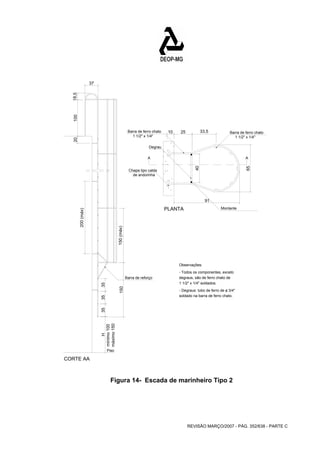 10 25 33,5 
REVISÃO MARÇO/2007 - PÁG. 352/638 - PARTE C 
CORTE AA 
Piso 35 35 35 H 
mínimo 100 
máximo 150 
150 150 (máx) 
200 (máx) 
20 100 18,5 
37 
Degrau 
A A 
91 
40 
65 
PLANTA 
Barra de reforço 
Barra de ferro chato 
1 1/2" x 1/4" 
Barra de ferro chato 
1 1/2" x 1/4" 
Chapa tipo calda 
de andorinha 
Montante 
Observações: 
- Todos os componentes, exceto 
degraus, são de ferro chato de 
1 1/2" x 1/4" soldados. 
- Degraus: tubo de ferro de o / 
3/4" 
soldado na barra de ferro chato. 
Figura 14- Escada de marinheiro Tipo 2 
 