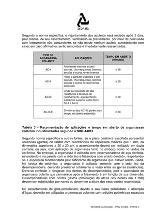 Segundo a norma específica, o rejuntamento dos azulejos será iniciado após 3 dias, 
pelo menos, de seu assentamento, verificando-se previamente, por meio de percussão 
com instrumento não contundente, se não existe nenhum azulejo apresentando som 
cavo; em caso afirmativo, serão removidos e imediatamente reassentados. 
REVISÃO MARÇO/2007 - PÁG. 370/638 - PARTE C 
TIPO DE 
ARGAMASSA 
COLANTE 
APLICAÇÕES TEMPO EM ABERTO 
(minutos) 
AC-I 
Ambientes internos exceto 
saunas, churrasqueiras, lareiras, 
estufas e outros revestimentos 
≥ 15 
AC-II 
Pisos e paredes externos e em 
saunas, churrasqueiras, lareiras 
estufas e outros revestimentos 
especiais 
≥ 20 
AC-III 
Onde se necessita de alta 
resistência à tensões de 
cisalhamento, apresentando 
aderência superior a dos tipos 
AC-I e AC-II 
≥ 20 
AC-III-E Similar ao tipo AC-III, porém com 
tempo em aberto estendido ≥ 30 
Tabela 3 - Recomendação de aplicações e tempo em aberto de argamassas 
colantes industrializadas segundo a NBR-14081 
Segundo norma específica e outras fontes, se a placa cerâmica escolhida apresentar 
saliências (garras) no tardoz com reentrâncias de espessura maiores que 1 mm, ou 
dimensões superiores a 20 x 20 cm, o assentamento deverá ser realizado em dupla 
camada, ou seja, com aplicação de argamassa tanto no emboço como no tardoz da 
cerâmica. No emboço, a argamassa é aplicada com desempenadeira de aço dentada, 
estendendo-a na parede com o lado liso e frisando-a com o lado dentado, respeitando-se 
a espessura recomendada pelo fabricante da argamassa que estiver sendo usada. 
No tardoz da cerâmica, a argamassa é aplicada somente com o lado liso da 
desempenadeira, devendo preencher totalmente o vazio entre as garras (saliências). 
Deve-se controlar o desgaste dos dentes da desempenadeira, pois a quantidade de 
argamassa colante que permanece após o frisamento é em função da sua dimensão. 
Desempenadeiras com dentes gastos (diminuição da altura dos dentes em 1 mm) 
devem ser substituídas por novas ou devem ter a altura dos seus dentes recomposta. 
No assentamento de grés-porcelanato, devido a sua baixa porosidade e absorção 
d’água, deverão ser utilizadas argamassas colantes com adições poliméricas especiais 
 