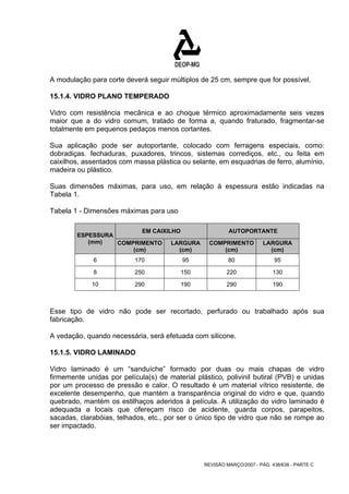 A modulação para corte deverá seguir múltiplos de 25 cm, sempre que for possível. 
15.1.4. VIDRO PLANO TEMPERADO 
Vidro com resistência mecânica e ao choque térmico aproximadamente seis vezes 
maior que a do vidro comum, tratado de forma a, quando fraturado, fragmentar-se 
totalmente em pequenos pedaços menos cortantes. 
Sua aplicação pode ser autoportante, colocado com ferragens especiais, como: 
dobradiças. fechaduras, puxadores, trincos, sistemas corrediços, etc., ou feita em 
caixilhos, assentados com massa plástica ou selante, em esquadrias de ferro, alumínio, 
madeira ou plástico. 
Suas dimensões máximas, para uso, em relação à espessura estão indicadas na 
Tabela 1. 
Tabela 1 - Dimensões máximas para uso 
EM CAIXILHO AUTOPORTANTE 
REVISÃO MARÇO/2007 - PÁG. 438/638 - PARTE C 
ESPESSURA 
(mm) COMPRIMENTO 
(cm) 
LARGURA 
(cm) 
COMPRIMENTO 
(cm) 
LARGURA 
(cm) 
6 170 95 80 95 
8 250 150 220 130 
10 290 190 290 190 
Esse tipo de vidro não pode ser recortado, perfurado ou trabalhado após sua 
fabricação. 
A vedação, quando necessária, será efetuada com silicone. 
15.1.5. VIDRO LAMINADO 
Vidro laminado é um “sanduíche” formado por duas ou mais chapas de vidro 
firmemente unidas por película(s) de material plástico, polivinil butiral (PVB) e unidas 
por um processo de pressão e calor. O resultado é um material vítrico resistente, de 
excelente desempenho, que mantém a transparência original do vidro e que, quando 
quebrado, mantém os estilhaços aderidos à película. A utilização do vidro laminado é 
adequada a locais que ofereçam risco de acidente, guarda corpos, parapeitos, 
sacadas, clarabóias, telhados, etc., por ser o único tipo de vidro que não se rompe ao 
ser impactado. 
 