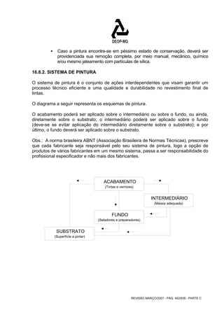 ƒ Caso a pintura encontre-se em péssimo estado de conservação, deverá ser 
providenciada sua remoção completa, por meio manual, mecânico, químico 
e/ou mesmo jateamento com partículas de sílica. 
16.8.2. SISTEMA DE PINTURA 
O sistema de pintura é o conjunto de ações interdependentes que visam garantir um 
processo técnico eficiente e uma qualidade e durabilidade no revestimento final de 
tintas. 
O diagrama a seguir representa os esquemas de pintura. 
O acabamento poderá ser aplicado sobre o intermediário ou sobre o fundo, ou ainda, 
diretamente sobre o substrato; o intermediário poderá ser aplicado sobre o fundo 
(deve-se se evitar aplicação do intermediário diretamente sobre o substrato); e por 
último, o fundo deverá ser aplicado sobre o substrato. 
Obs.: A norma brasileira ABNT (Associação Brasileira de Normas Técnicas), prescreve 
que cada fabricante seja responsável pelo seu sistema de pintura, logo a opção de 
produtos de vários fabricantes em um mesmo sistema, passa a.ser responsabilidade do 
profissional especificador e não mais dos fabricantes. 
ACABAMENTO 
(Tintas e vernizes) 
INTERMEDIÁRIO 
(Massa adequada) 
REVISÃO MARÇO/2007 - PÁG. 462/638 - PARTE C 
FUNDO 
(Seladores e preparadores) 
SUBSTRATO 
(Superfície a pintar) 
 