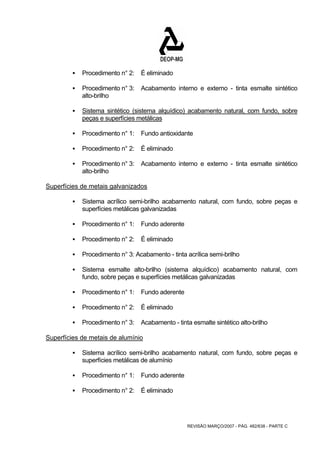 REVISÃO MARÇO/2007 - PÁG. 482/638 - PARTE C 
ƒ Procedimento n° 2: É eliminado 
ƒ Procedimento n° 3: Acabamento interno e externo - tinta esmalte sintético 
alto-brilho 
ƒ Sistema sintético (sistema alquídico) acabamento natural, com fundo, sobre 
peças e superfícies metálicas 
ƒ Procedimento n° 1: Fundo antioxidante 
ƒ Procedimento n° 2: É eliminado 
ƒ Procedimento n° 3: Acabamento interno e externo - tinta esmalte sintético 
alto-brilho 
Superfícies de metais galvanizados 
ƒ Sistema acrílico semi-brilho acabamento natural, com fundo, sobre peças e 
superfícies metálicas galvanizadas 
ƒ Procedimento n° 1: Fundo aderente 
ƒ Procedimento n° 2: É eliminado 
ƒ Procedimento n° 3: Acabamento - tinta acrílica semi-brilho 
ƒ Sistema esmalte alto-brilho (sistema alquídico) acabamento natural, com 
fundo, sobre peças e superfícies metálicas galvanizadas 
ƒ Procedimento n° 1: Fundo aderente 
ƒ Procedimento n° 2: É eliminado 
ƒ Procedimento n° 3: Acabamento - tinta esmalte sintético alto-brilho 
Superfícies de metais de alumínio 
ƒ Sistema acrílico semi-brilho acabamento natural, com fundo, sobre peças e 
superfícies metálicas de alumínio 
ƒ Procedimento n° 1: Fundo aderente 
ƒ Procedimento n° 2: É eliminado 
 
