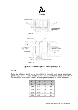 L2 
Tampa de concreto Alça 
(mín=20) 
Brita nº 02 Camada de infiltração 
Tijolo cerâmico 
requeimado ou bloco 
pré-moldado de concreto 
REVISÃO MARÇO/2007 - PÁG. 507/638 - PARTE C 
Camada de infiltração 
A 
DN 1 
PLANTA 
DN 1 
DN 2 
Vem do sistema de 
coleta de águas 
Laje de concreto 
Pedra-de-mão 
CORTE AA 
Argamassa de cimento 
e areia lavada (1,3) 
12 12 
70 (mín) 
H1 
A 
DN 2 
Argamassa de cimento 
e areia lavada (1:3) 
DN 3 
Tubo de descarga de fundo (75 mín) 
pluviais 
DN 3 
12 
12 
L1 L3 (mín=30) 
H2 
Figura 2 – Caixa de captação e drenagem Tipo B 
TIPO C 
Caixa de aplicação geral, sendo especialmente indicada para locais ajardinados e 
permeáveis, onde o seixo rolado compõe-se opcionalmente como elemento de 
ornamentação. Possui uma camada de infiltração e cobertura de seixos (Figura 3). 
L 1 L 2 H V 
(m) (m) (m) (I) 
0,50 0,40 0,50 100 
0,50 0,40 0,60 120 
0,50 0,60 0,70 210 
0,50 0,80 0,80 320 
 