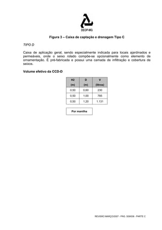Figura 3 – Caixa de captação e drenagem Tipo C 
TIPO D 
Caixa de aplicação geral, sendo especialmente indicada para locais ajardinados e 
permeáveis, onde o seixo rolado compõe-se opcionalmente como elemento de 
ornamentação. É pré-fabricada e possui uma camada de infiltração e cobertura de 
seixos. 
Volume efetivo da CCD-D 
H2 D V 
(m) (m) (litros) 
0,50 0,60 230 
0,50 1,00 785 
0,50 1,20 1.131 
REVISÃO MARÇO/2007 - PÁG. 509/638 - PARTE C 
Por manilha 
 