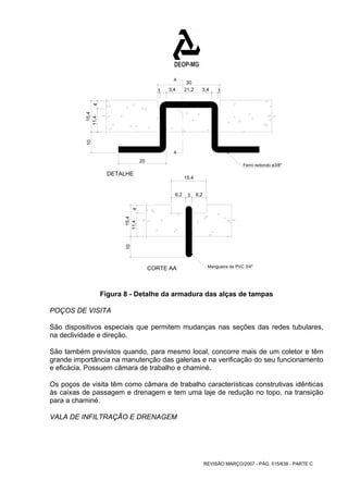 Ferro redondo o3/8" 
REVISÃO MARÇO/2007 - PÁG. 515/638 - PARTE C 
A 
A 
/ 
Mangueira de PVC 3/4" 
DETALHE 
CORTE AA 
30 
1 3,4 21,2 3,4 1 
11,4 4 
10 15,4 
20 
15,4 
6,2 3 6,2 
11,4 4 
10 15,4 
Figura 8 - Detalhe da armadura das alças de tampas 
POÇOS DE VISITA 
São dispositivos especiais que permitem mudanças nas seções das redes tubulares, 
na declividade e direção. 
São também previstos quando, para mesmo local, concorre mais de um coletor e têm 
grande importância na manutenção das galerias e na verificação do seu funcionamento 
e eficácia. Possuem câmara de trabalho e chaminé. 
Os poços de visita têm como câmara de trabalho características construtivas idênticas 
às caixas de passagem e drenagem e tem uma laje de redução no topo, na transição 
para a chaminé. 
VALA DE INFILTRAÇÃO E DRENAGEM 
 