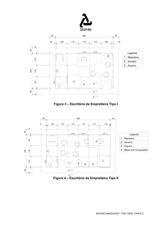 100x100 100x100 
50 660 50 
Legenda 100x100 
REVISÃO MARÇO/2007 - PÁG. 9/638 - PARTE C 
60x60 
1 
2 Mapoteca 
3 
Armário 
Arquivo 
1 
2 
3 
Legenda 
50 550 50 
19 100 110 110 110 100 19 
50 330 50 
9 110 110 110 9 
Figura 3 – Escritório da Empreiteira Tipo I 
100x100 100x100 
60x60 
Mapoteca 
Armário 
Arquivo 
1 
2 
3 
1 
3 2 2 
4 
4 Mesa com Computador 
9 
9 100 110 110 110 110 110 
50 330 50 
9 110 110 110 9 
Figura 4 – Escritório da Empreiteira Tipo II 
 