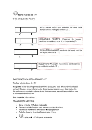 TESTE RAPIDO DE HIV
O (C) tem que estar Positivo!
PARTINENTE SEM SOROLOGIA ANTI-HIV
Realizar o teste rápido de HIV
Reagente: Iniciar a quimioplofilaxia conforme o esquema para diminuir a transmissão
vertical. Coletar e encaminhar amostra de sangue para esclarecer o diagnostico. Se
for confirmado o resutado do teste rápido deve-se manter as medidas profiláticas para
a trnsmissão vertical do HIV.
Não reagente: Não medicar.
TRANSMISSÃO VERTICAL
 Carga viral alta Muda a medicação
 Prematuridade Quando mais prematuro, maior é o risco
 Rotura das membranas aminioticasexposição fetal
 Trabalho de parto contrações acima de 4 horas
 Lactação HIV não pode amamentar
RESULTADO INVALIDO: Ausência da banda colorida
na região de controle ( C ).
RESULTADO NEGATIVO: Presença de uma única
banda colorida na região controle ( C ).
RESULTADO POSITIVO: Presença de bandas
positivas na região controle (C) e do paciente (T)
RESULTADO INVALIDO: Ausência da banda colorida
na região de controle ( C ).
 
