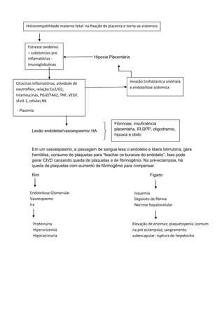 Hipoxia Placentária
Lesão endotelial/vasoespasmo/ HA
Em um vasoespasmo, a passagem de sangue lesa o endotélio e libera bilirrubina, gera
hemólise, consumo de plaquetas para “feachar os buracos do endotelio”. Isso pode
gerar CIVD cansando queda de plaquetas e de fibrinogênio. Na pré-eclampsia, há
queda de plaquetas com aumento de fibrinogênio para compensar.
Rim Figado
Histocompatilidade materno fetal: na fixação da placenta e torna-se sistemico
Estresse oxidativo
– substancias pro
inflamatórias -
Imunoglobulinas
Citocinas inflamatórias, atividade de
neutrófilos, relação Co2/O2,
Interleucinas, PGI2/TAX2, TNF, VEGF,
sFelt-1, células NK
- Placenta
Fibrinose, insuficiência
placentária, IR,DPP, oligodramio,
hipoxia e obito
Invasão trofoblastica anômala
e endoteliose sistemica
Endoteliose Glomerular
Vasoespasmo
Ira
Proteinúria
Hiperuricemia
Hipocalcinuria
Isquemia
Deposito de fibrina
Necrose hepatocelular
Elevação de enzimas; plaquetopenia (comum
na pré eclampsia); sangramento
subescapular; ruptura do hepatocito.
 