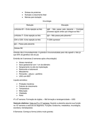  Sintese de proteínas
 Nutrição e crescimento fetal
 Mamas para lactação
Imunologia
Redução Elevação
Linfócitos B1 – Evita rejeição ao feto IgM - Não passa pela placenta – Combate
processo agudo antes que chegue ao feto *
Linfócitos T– Evita rejeição ao feto IgA – Não passa pela placenta *
CD4 e CD5– Evita rejeição ao feto T CD8 supressor
IgG – Passa pela placenta
Células NK
Grávida não é imunodeprimida. A grávida é imunomodulada para não agredir o feto já
que 50% da genética veio do pai.
Embrião de 5 semanas (3 semanas após a fecundação)
 Atraso menstrual
 Saco gestacional com 1 cm de diâmetro
 Sangramento no sitio de implantação
 Notocordio e tuboneural
 Mesoderma
 Pericardio – pleura – peritônio
 USG com BCF
Liquido amniótico:
 Proteção mecânica
 Fatores de crescimento
 Temperatura
 Maturação
 Vitalidade
 Parto
4º a 5º semana: Formação de órgãos. – Má formação e teratogenicidade – USG
Vesícula vitelínica: Vista na 5º a 11º semana: Quando a placenta assume sua função
na 12º semana a vesícula se degenera. Funções: Endócrina, metabólica, imunológica,
excretora, hematopoiese.
8 Semanas: Começa a forma (crânio muito grande)
 