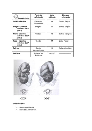 Determinismo:
 Teoria da Gravidade
 Teoria da Acomodação
Apresentação
Ponto de
referência
Letra
utilizada
Linha de
orientação
Cefálica Fletida Fontanela
Lambdóide
O Sutura Sagital
Bregma (cefálica
defletida de 1º
grau)
Bregma B Sutura Sagital
Fronte (cefálica
defletida de 2º
grau)
Glabela N Sutura Metópica
Face (cefálica
defletida de 3º
grau)
Mento M Linha Facial
Pélvica Crista
sacrococcígea
S Sulco Interglúteo
Córmica Acrômio ou
Espádua
A ou E ---------------------
 