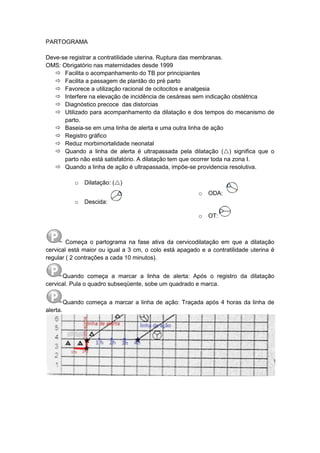 PARTOGRAMA
Deve-se registrar a contratilidade uterina. Ruptura das membranas.
OMS: Obrigatório nas maternidades desde 1999
 Facilita o acompanhamento do TB por principiantes
 Facilita a passagem de plantão do pré parto
 Favorece a utilização racional de ocitocitos e analgesia
 Interfere na elevação de incidência de cesáreas sem indicação obstétrica
 Diagnóstico precoce das distorcias
 Utilizado para acompanhamento da dilatação e dos tempos do mecanismo de
parto.
 Baseia-se em uma linha de alerta e uma outra linha de ação
 Registro gráfico
 Reduz morbimortalidade neonatal
 Quando a linha de alerta é ultrapassada pela dilatação () significa que o
parto não está satisfatório. A dilatação tem que ocorrer toda na zona I.
 Quando a linha de ação é ultrapassada, impõe-se providencia resolutiva.
o Dilatação: ()
o Descida:
o ODA:
o OT:
Começa o partograma na fase ativa da cervicodilatação em que a dilatação
cervical está maior ou igual a 3 cm, o colo está apagado e a contratilidade uterina é
regular ( 2 contrações a cada 10 minutos).
Quando começa a marcar a linha de alerta: Após o registro da dilatação
cervical. Pula o quadro subseqüente, sobe um quadrado e marca.
Quando começa a marcar a linha de ação: Traçada após 4 horas da linha de
alerta.
 