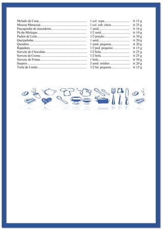 Melado de Cana........................................................... 1 col. sopa............................... ≅ 15 g
Mousse Maracujá......................................................... 1 col. sob. cheia....................... ≅ 25 g
Paçoquinha de amendoim............................................ 1 unid...................................... ≅ 16 g
Pé-de-Moleque............................................................ 1/2 unid................................... ≅ 10 g
Pudim de Leite............................................................. 1/2 porção............................... ≅ 30 g
Queijadinha................................................................. 1 unid...................................... ≅ 20 g
Quindim...................................................................... 1 unid. pequena....................... ≅ 20 g
Rapadura...................................................................... 1/2 ped. pequeno..................... ≅ 15 g
Sorvete de Chocolate................................................... 1/2 bola................................... ≅ 25 g
Sorvete de Creme......................................................... 1/2 bola................................... ≅ 25 g
Sorvete de Frutas......................................................... 1 bola...................................... ≅ 50 g
Suspiro......................................................................... 2 unid. médias......................... ≅ 20 g
Torta de Limão............................................................ 1/2 fat. pequena....................... ≅ 15 g
 