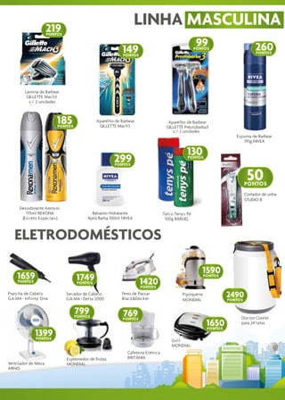 219
                                                                 LINHA MASCULINA
                     PONTOS

                                                                                                  99                          260
                                                         149
                                                          PONTOS
                                                                                                  PONTOS
                                                                                                                              PONTOS




        Lâmina de Barbear
         GILLETTE Mach3
          c/ 2 unidades



                         185
                         PONTOS
                                             Aparelho de Barbear
                                              GILLETTE Mach3
                                                                                   Aparelho de Barbear
                                                                                  GILLETTE Prestobarba3
                                                                                     c/ 2 unidades
                                                                                                                   Espuma de Barbear
                                                                                                                      193g NIVEA

                                                                                             130
                                                     299
                                                      PONTOS
                                                                                             PONTOS




                                                                                                                          50
                                                                                                                         PONTOS
                                                                                                                         Cortador de unha
                                                                                                                         STUDIO B
     Desodorante Aerosol
        175ml REXONA                      Bálsamo Hidratante                     Talco Tenys Pé
      (Exceto Especiais)                Após Barba 100ml NIVEA                    100g BARUEL



   ELETRODOMÉSTICOS

                                                                                                     1590
    1659                          1749                                                               PONTOS
    PONTOS                        PONTOS                           1420
                                                                   PONTOS
Prancha de Cabelo
GA.MA - Infinity One
                              Secador de Cabelo
                              GA.MA - Delta 2000
                                                         Ferro de Passar
                                                         Black&Decker
                                                                                          Pipoqueira
                                                                                          MONDIAL
                                                                                                                2490
                                                                                                                PONTOS


                                  799
                                  PONTOS                  769
                                                          PONTOS                                                     Doctor Cooler
                                                                                                       1650
                                                                                                       PONTOS
                                                                                                                     para 24 latas

             1399
             PONTOS
                                                                                     Grill
                                                                                     MONDIAL
                                                            Cafeteira Elétrica
                              Espremedor de Frutas          BRITÂNIA
Ventilador de Mesa            MONDIAL
ARNO
 