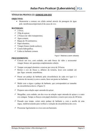 Aulas Para Praticar (Laboratório) FCA
Biologia, Biologia Celular e Microbiologia I e II Página 9
Figura 1: Materiais a serem utilizados
TÍTULO DA PRATICA 22: OSMOSE EM OVO
OBJECTIVO:
 Demonstrar a osmose em célula animal através da passagem de água
pela membranasemipermeável da casca do ovo.
MATERIAIS:
 2 Ovos;
 250g de açúcar;
 2 Frascos de vidro transparentes;
 Água comum;
 Régua de 30 centímetros;
 Papel alumínio;
 Vinagre branco (ácido acético);
 Caneta hidrográfica;
 Linha ou barbante comum.
PROCEDIMENTO:
 Colocar um ovo, com cuidado, em cada frasco de vidro e acrescentar
vinagre branco até queesteja completamente coberto.
 Tampar com papel alumínio e reservar por cerca de 24 horas.
 Retirar o ovo do frasco e, debaixo da torneira, lavar com cuidado até
que fique somente amembrana.
 Passar um pedaço de barbante pela circunferência de cada ovo (que é o
contorno do mesmo) e,com a caneta, fazer um ponto no barbante.
 Medir com a régua o pedaço de barbante, que corresponderá ao tamanho
da circunferência doovo. (Figura 3)
 Preparar uma solução super saturada de açúcar.
 Mergulhar, com cuidado, um dos ovos na solução super saturada de açúcar e o outro
ovo emágua. Tampe os frascos com papel alumínio e reserve por cerca de 48 horas.
 Passado esse tempo, cortar outro pedaço de barbante e, com o auxílio de uma
régua, medirnovamente para verificar a variação da circunferência dos ovos.
 Pressionar ligeiramente os ovos com um bastonete.
 